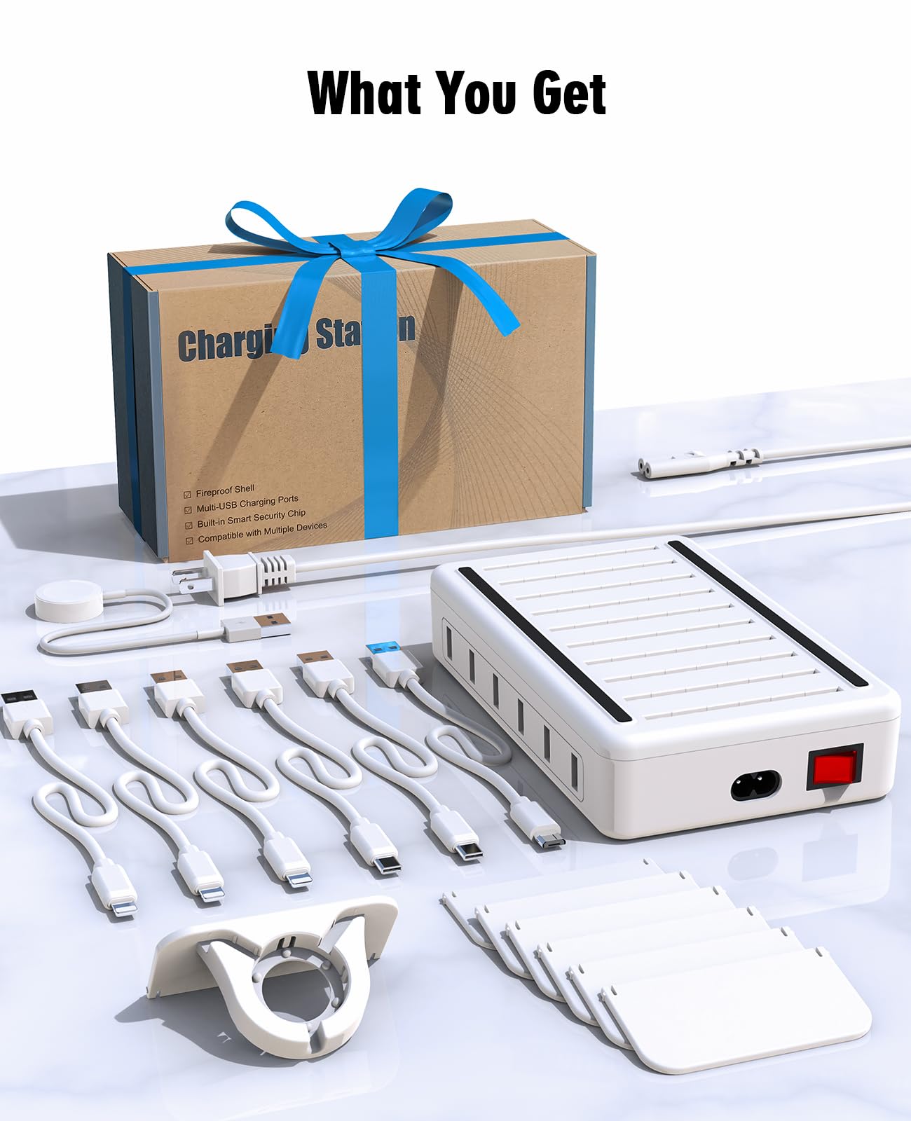 Charging Station Multiple Charger Station - 2025 New 6-Port USB Fast Charging Dock 50W Organizer Station with Watch Charger for iPhone|Android Cell Phone|iPad|Kindle|Watch|Tablet