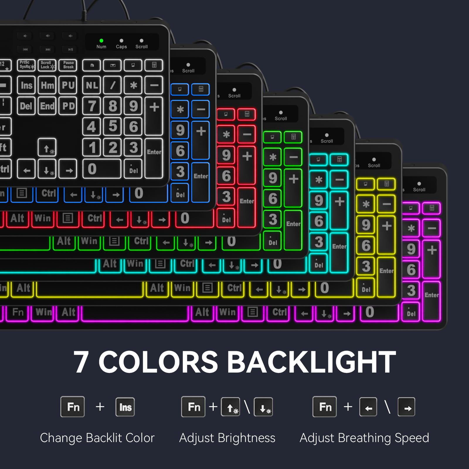 MARVO Large Print Backlit Keyboard, WK712 Wired Computer Keyboard with 7 Colors & 11 Modes Backlight, Silent Light Up Keyboard with Tablet Phone Holder, Full-Size Gaming Keyboard for Windows, Mac