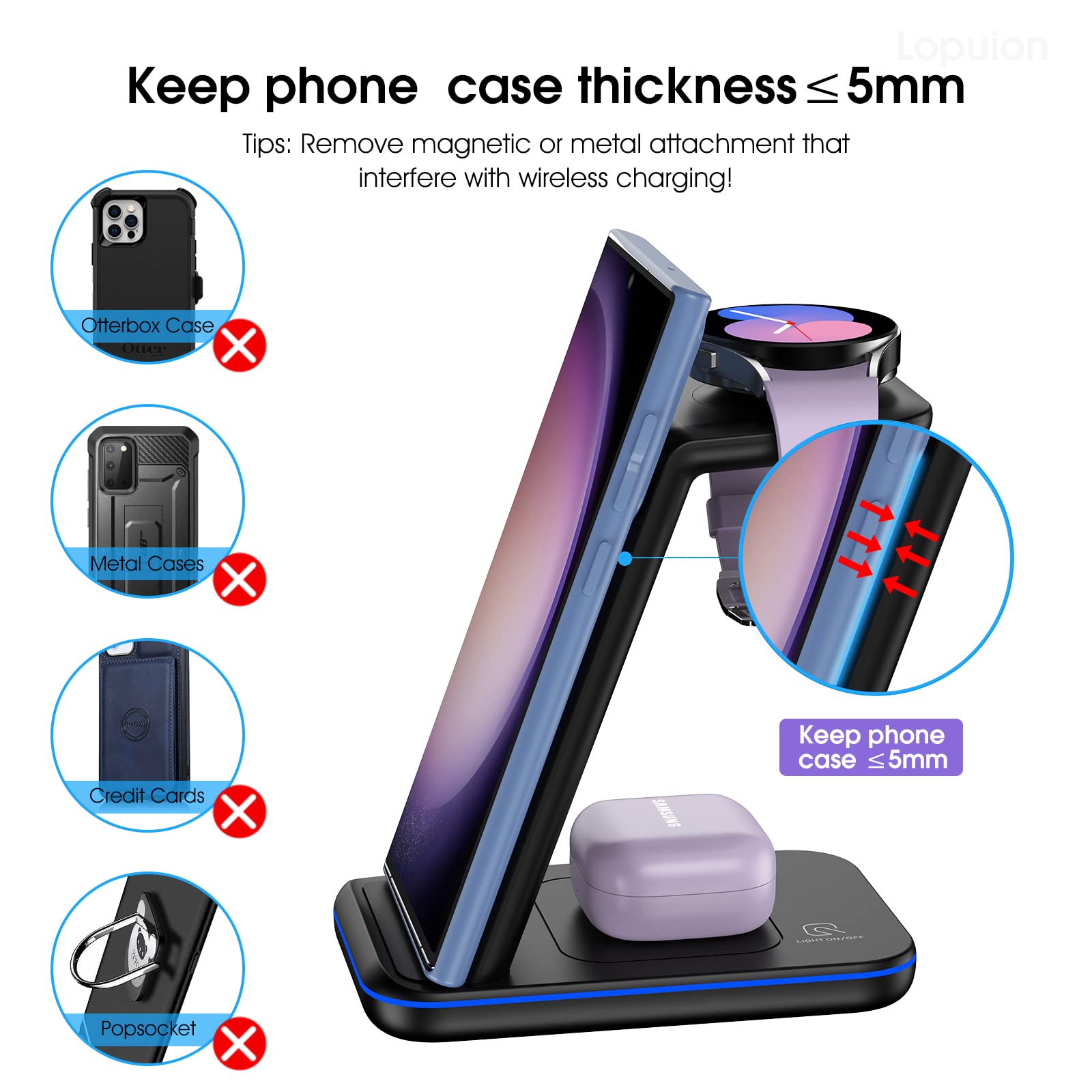 Wireless Charging Station for Samsung/Android, Fast Wireless Watch Charger Stand/Station Compatible for Samsung Galaxy S24/S23+/S22/Z Flip 6/5 Fold 6/5, Watch7/6/5/Pro/4/Active 1/2 Galaxy Buds3/2 Pro