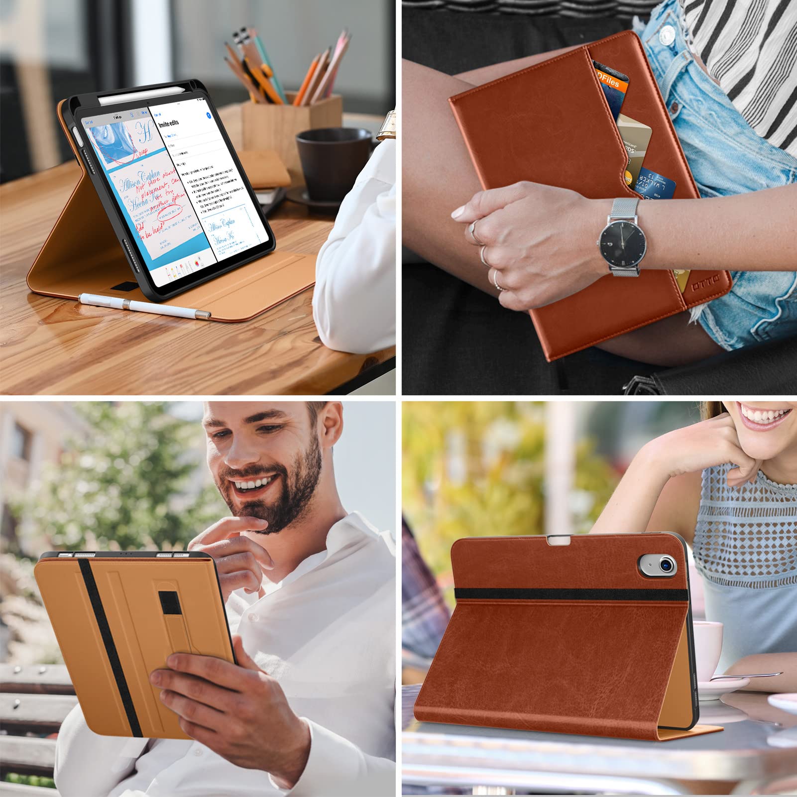 DTTO for iPad 10th Generation Case 10.9 Inch 2022, Premium Leather Business Folio Stand Cover with Pencil Holder - Auto Wake/Sleep and Multiple Viewing Angles, Brown