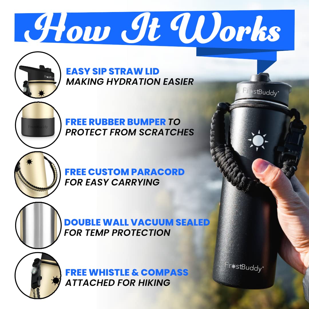 Frost Buddy 24oz Buddy Water Bottle with Straw, Lid & Paracord Handle | 24-Hour Insulated Water Bottle | 24 oz Leak Free | Stainless Steel Water Bottle for Traveling, Sports & Errands