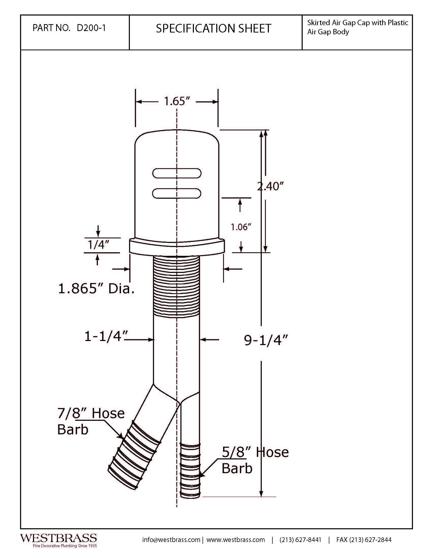 Westbrass R200-1-62 Air Gap Kit with Skirted Brass Cap, Powder Coat Flat Black