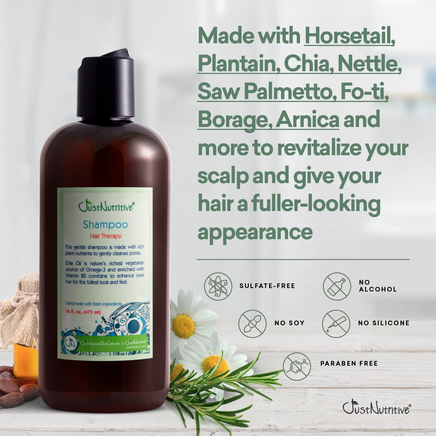 Just Nutritive Hair Loss Shampoo for Thinning Hair, Supports Thicker Fuller Looking Hair, Saw Palmetto Nettle Root Rosemary Oil, Scalp Stimulating, Sulfate Free, Men and Women, 16 oz