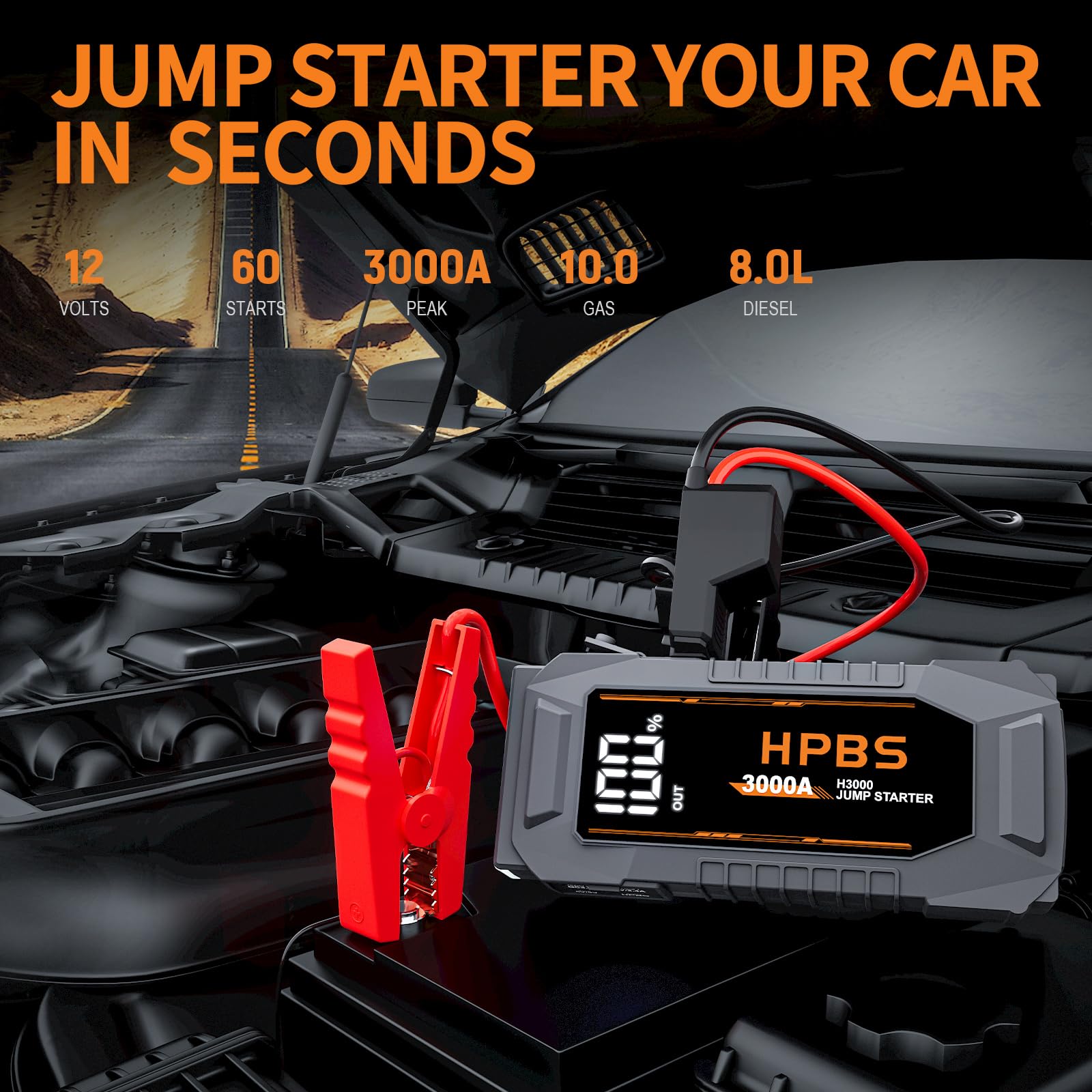 HPBS Jump Starter - 3000A Car Battery Jump Starter for Up to 10L Gas and 8L Diesel Engines, 12V Portable Battery Jump Starter Box with 3.0" LCD Display