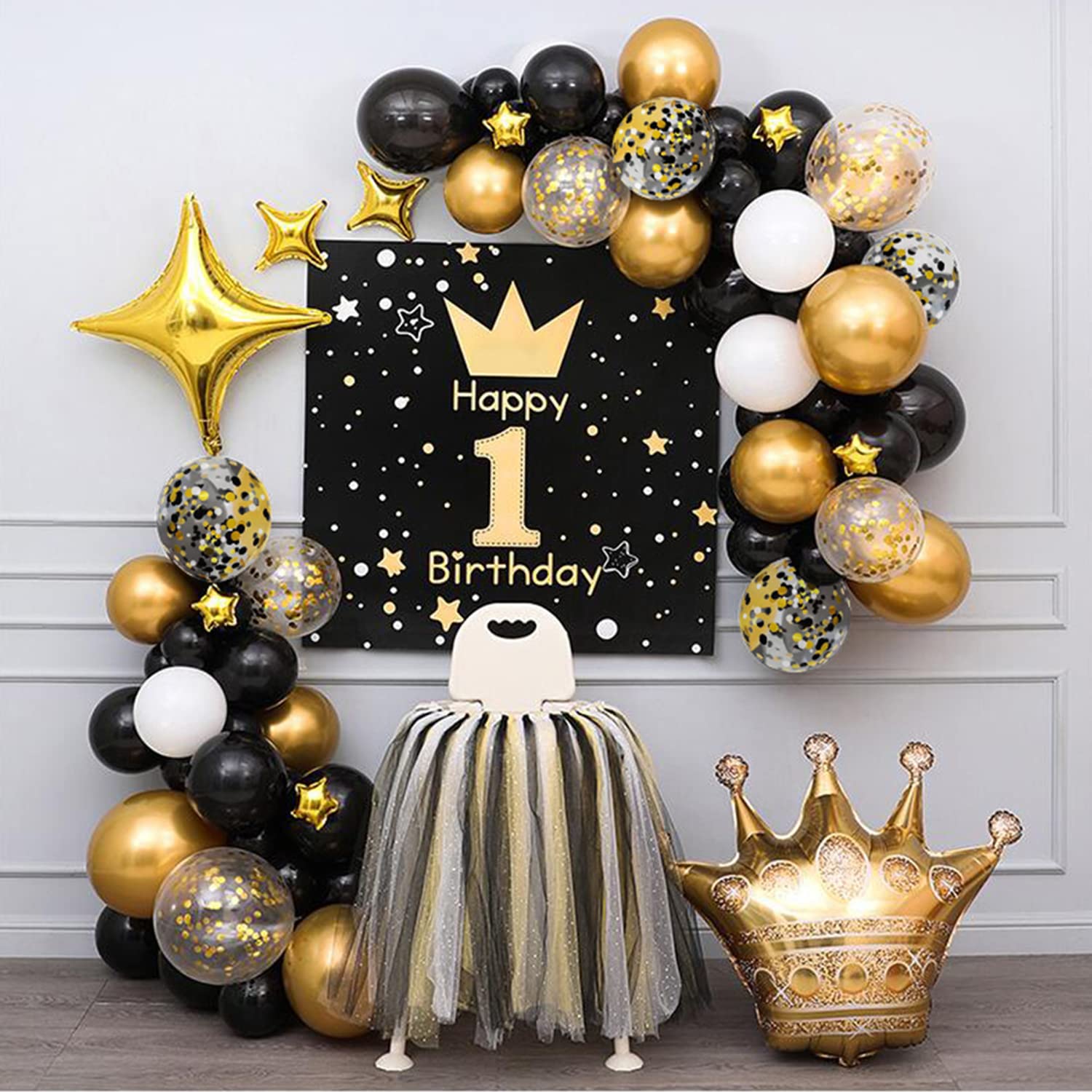 Zesliwy Black Gold Confetti Balloons 50 pack - 12 Inch Gold White and Black Confetti Balloons with Ribbons for Graduation Birthday Wedding Party 2025 New Years Decorations…