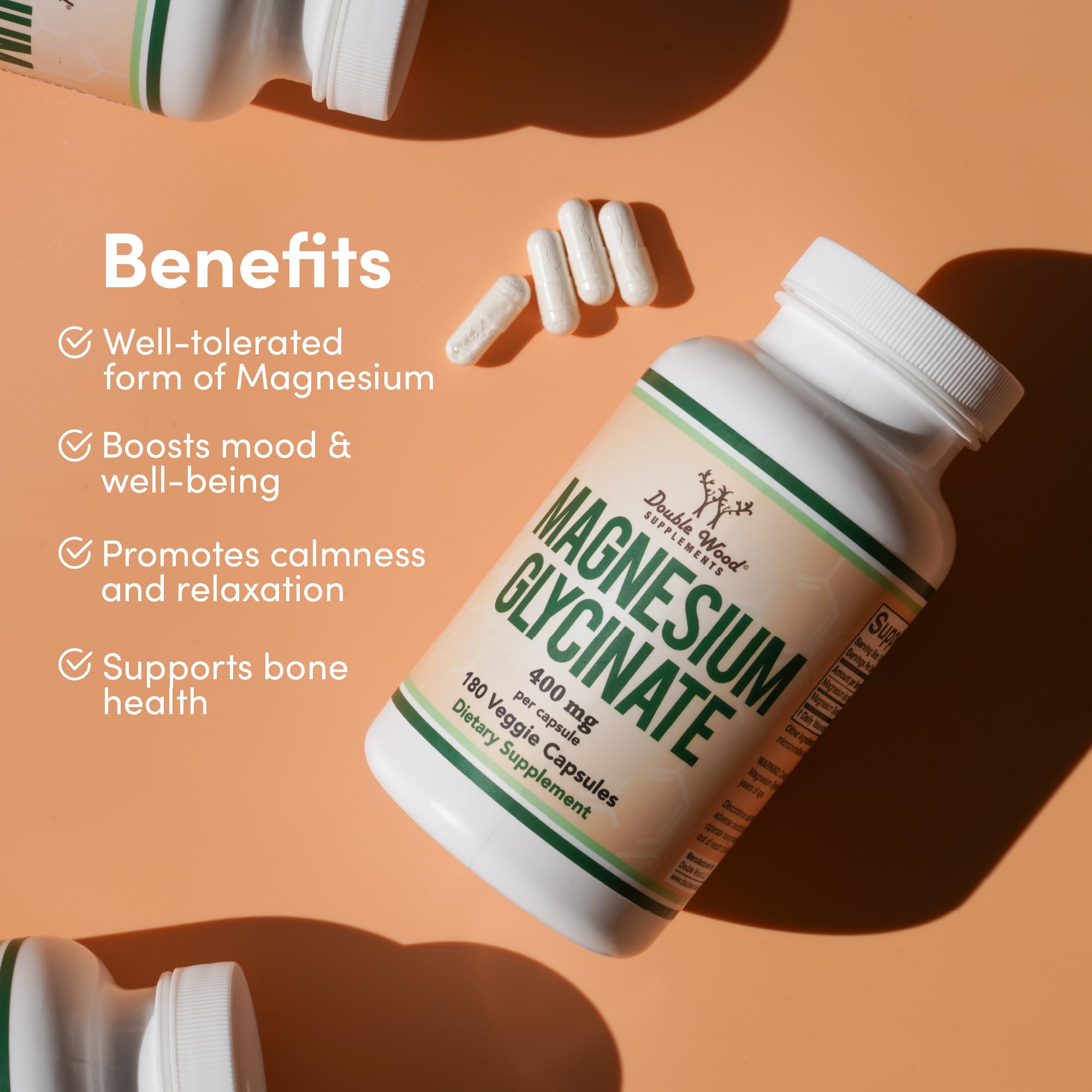 Magnesium Glycinate 400mg, 180 Capsules (Vegan Safe, Third Party Tested, Gluten Free, Non-GMO) High Absorption Magnesium by Double Wood Supplements