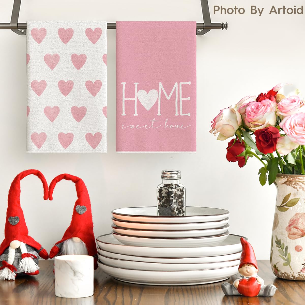 Artoid Mode Pink Heart Love Home Sweet Home Valentine's Day Kitchen Towels Dish Towels, 18x26 Inch Anniversary Wedding Decoration Hand Towels Set of 2