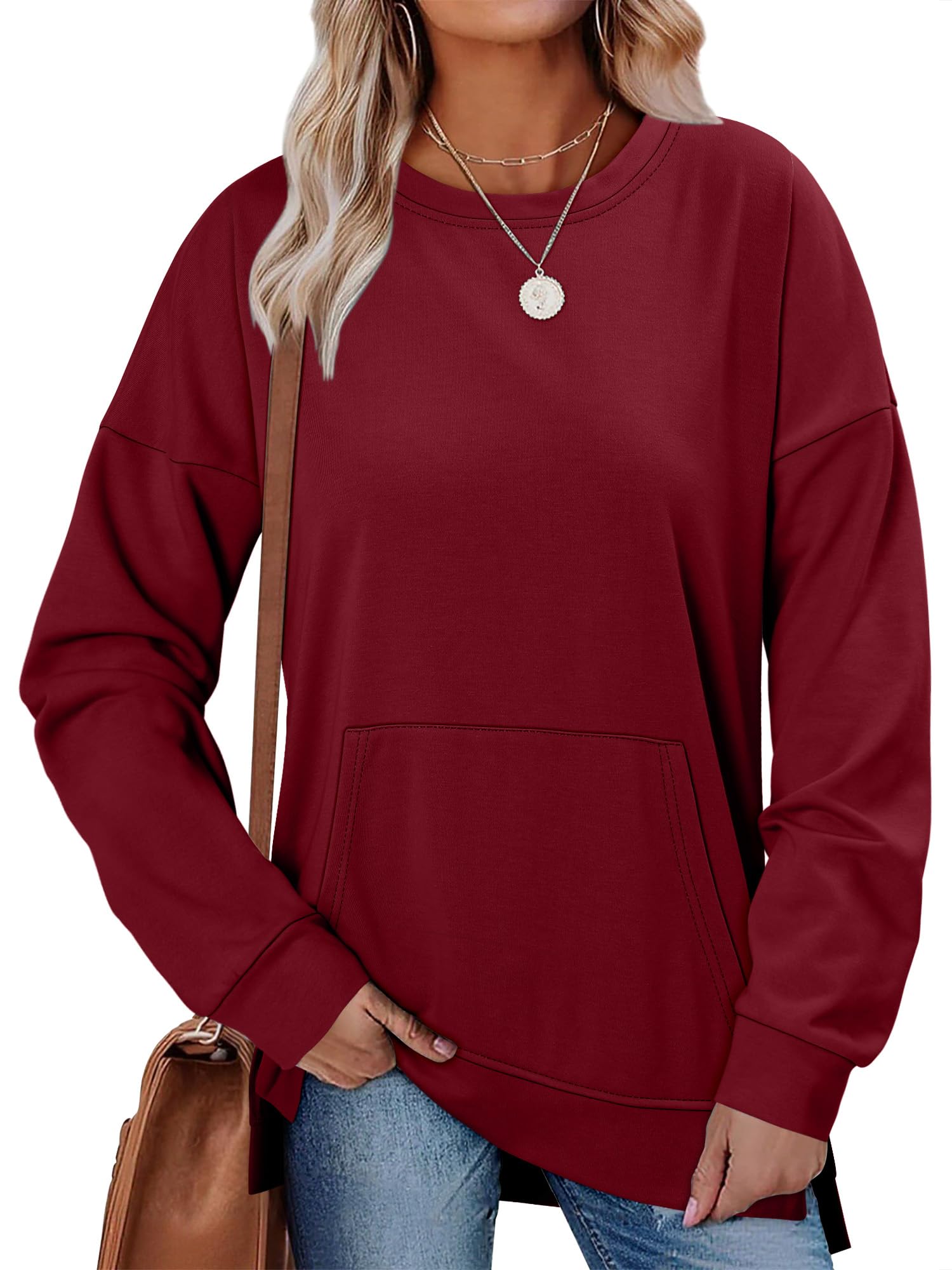 BETTE BOUTIK pocket Sweatshirt Womens Tops and Blouses Long Tops with Side Slits for Women Long Sleeve Sweatshirts WineRed Medium