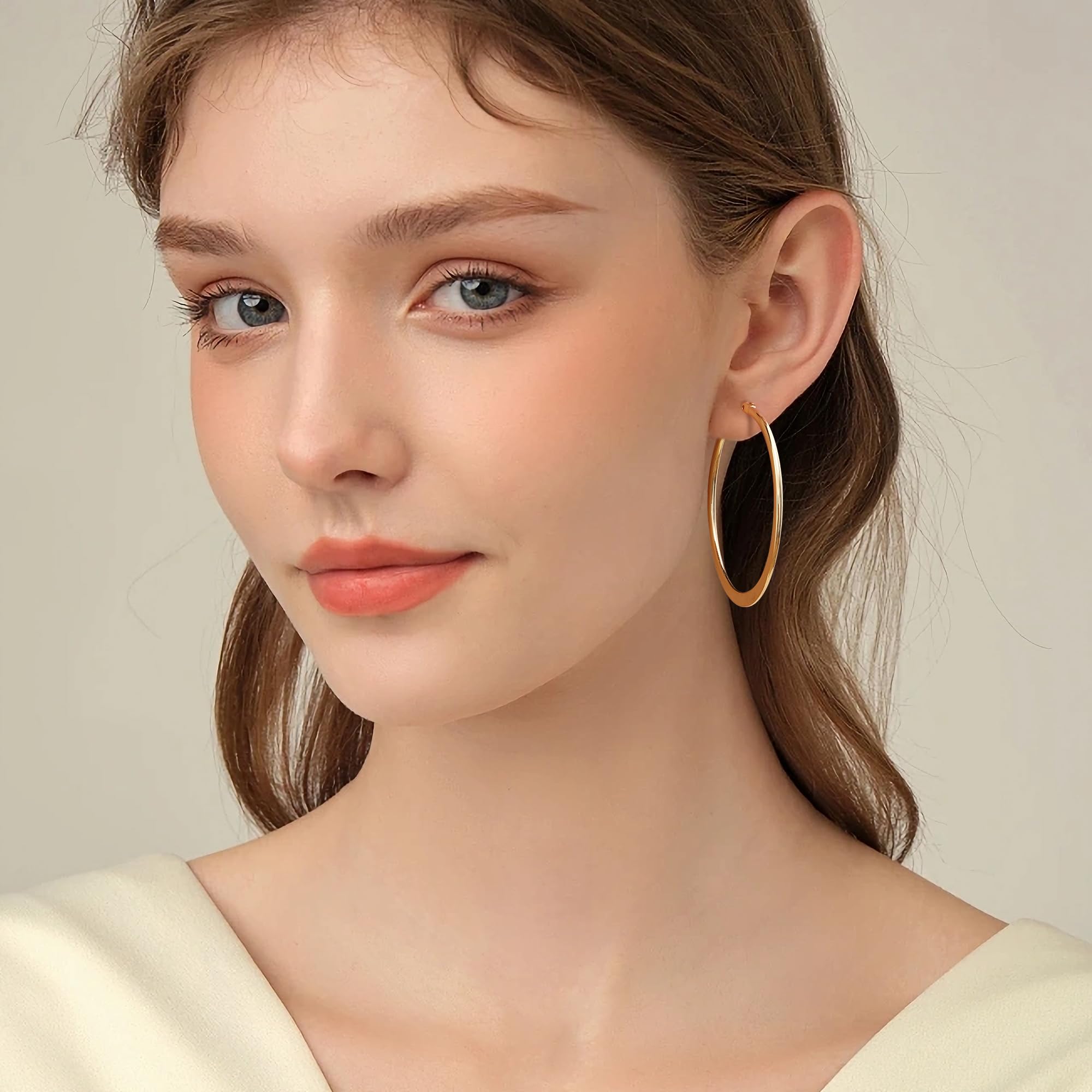 Gacimy Gold Hoop Earrings for Women 14k Real Gold Plated, Flattened Gold Hoops Medium Gold Earrings Hoops 40mm