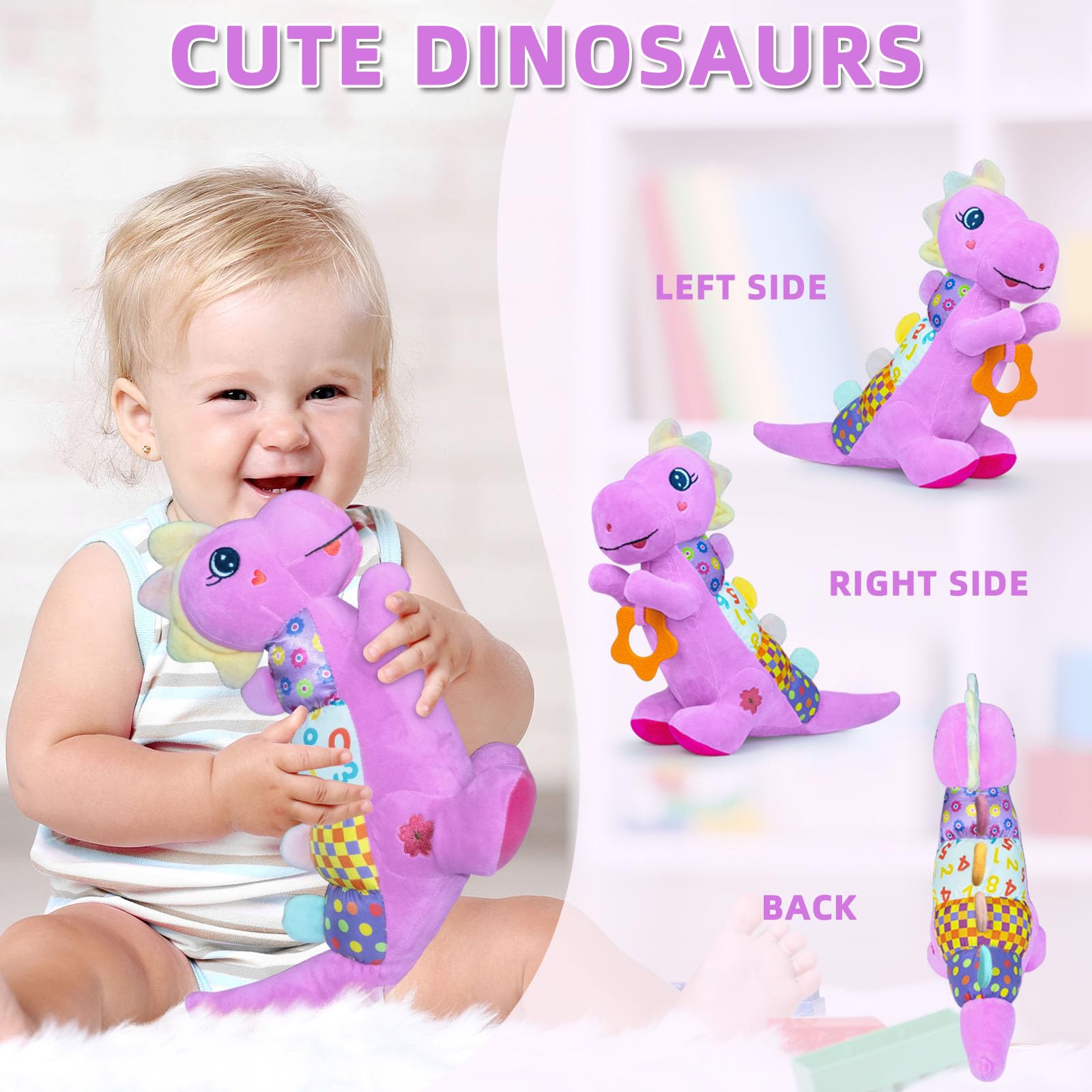 Baby Dino Musical Stuffed Animal Toys for 0-3-6-9-12 Months，Infant Dinosaur Tummy Time Toys with Crinkle Sound Paper，Teether，Textures & Rattles for Newborn Boys Girls Birthday Gifts，Purple