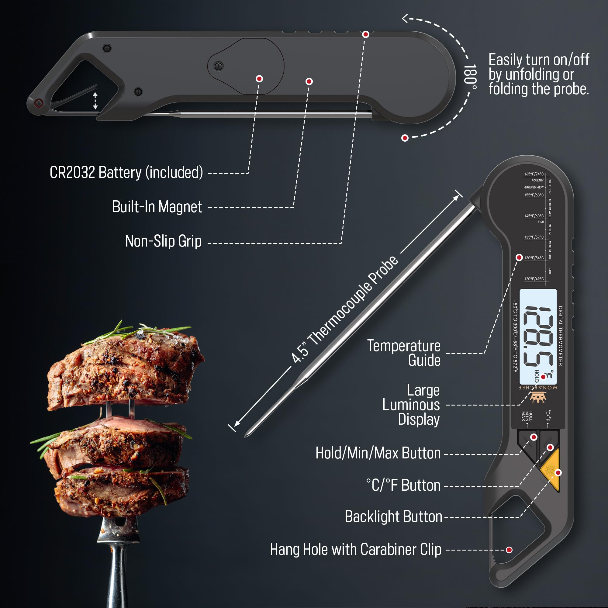 Professional Meat Thermometer - Instant Read Food Thermometer with Waterproof Design, Backlight, Hold/Min/Max Function - Cooking Thermometer for Grilling, BBQ, Kitchen Use, Ideal Gift for Him or Her