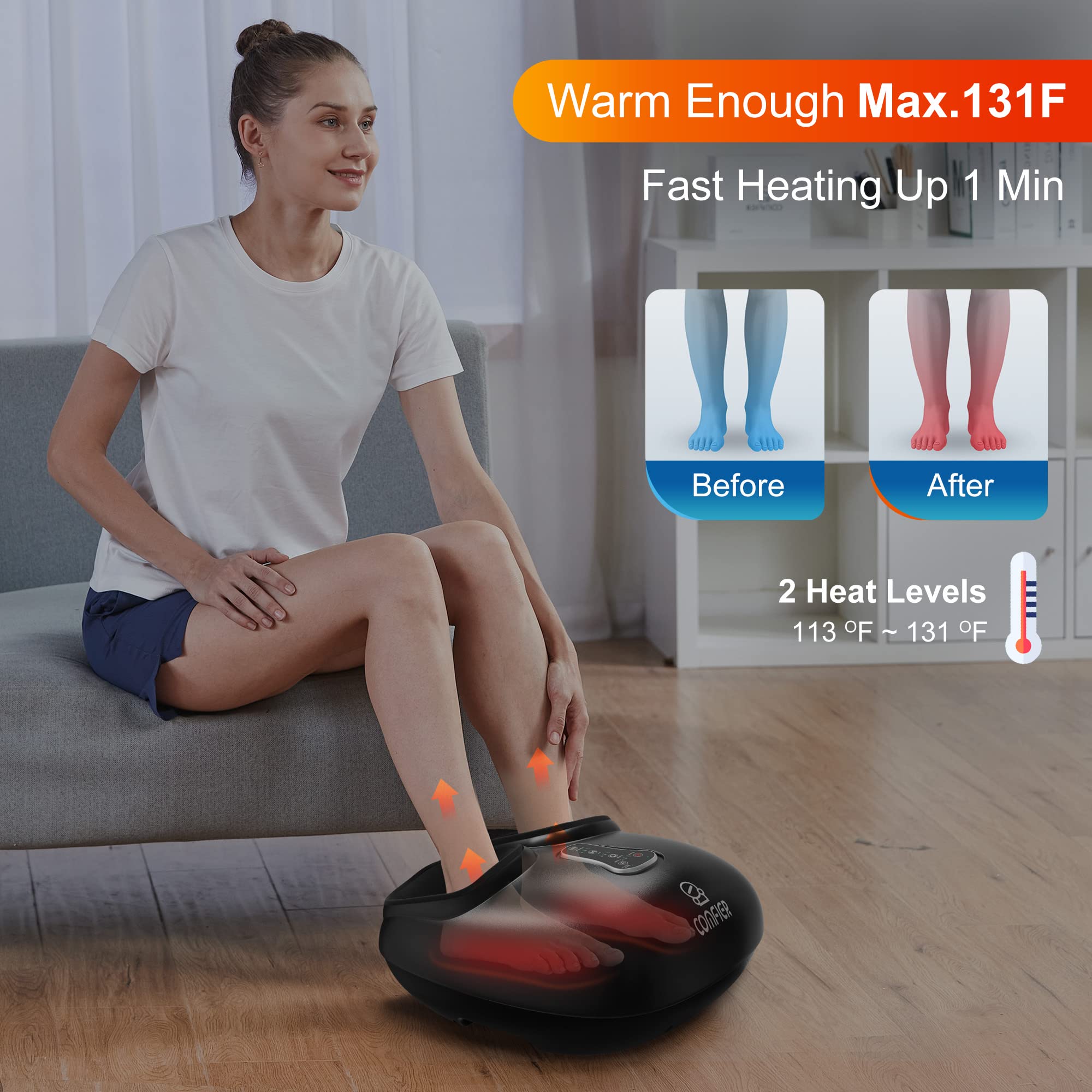 COMFIER Shiatsu Foot Massager with Heat, Vibration,Rolling Compression Feet Massager Machine,Gifts for Her,Him Fits Size up to 13“ Multiple Modes