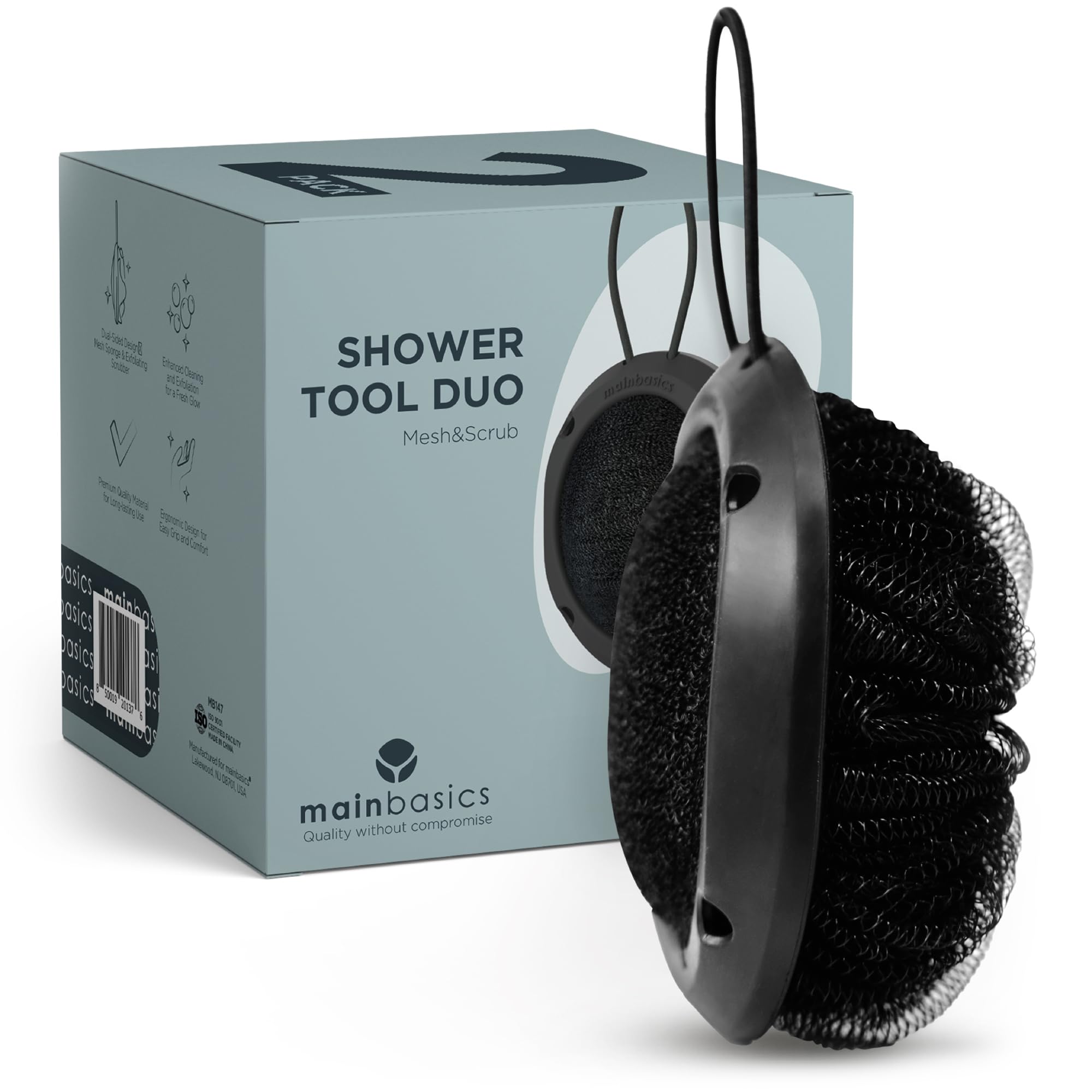 MainBasics Shower Tool Duo 2-1 Shower Loofah Sponge and Exfoliating Body Scrubber (2 Pack)