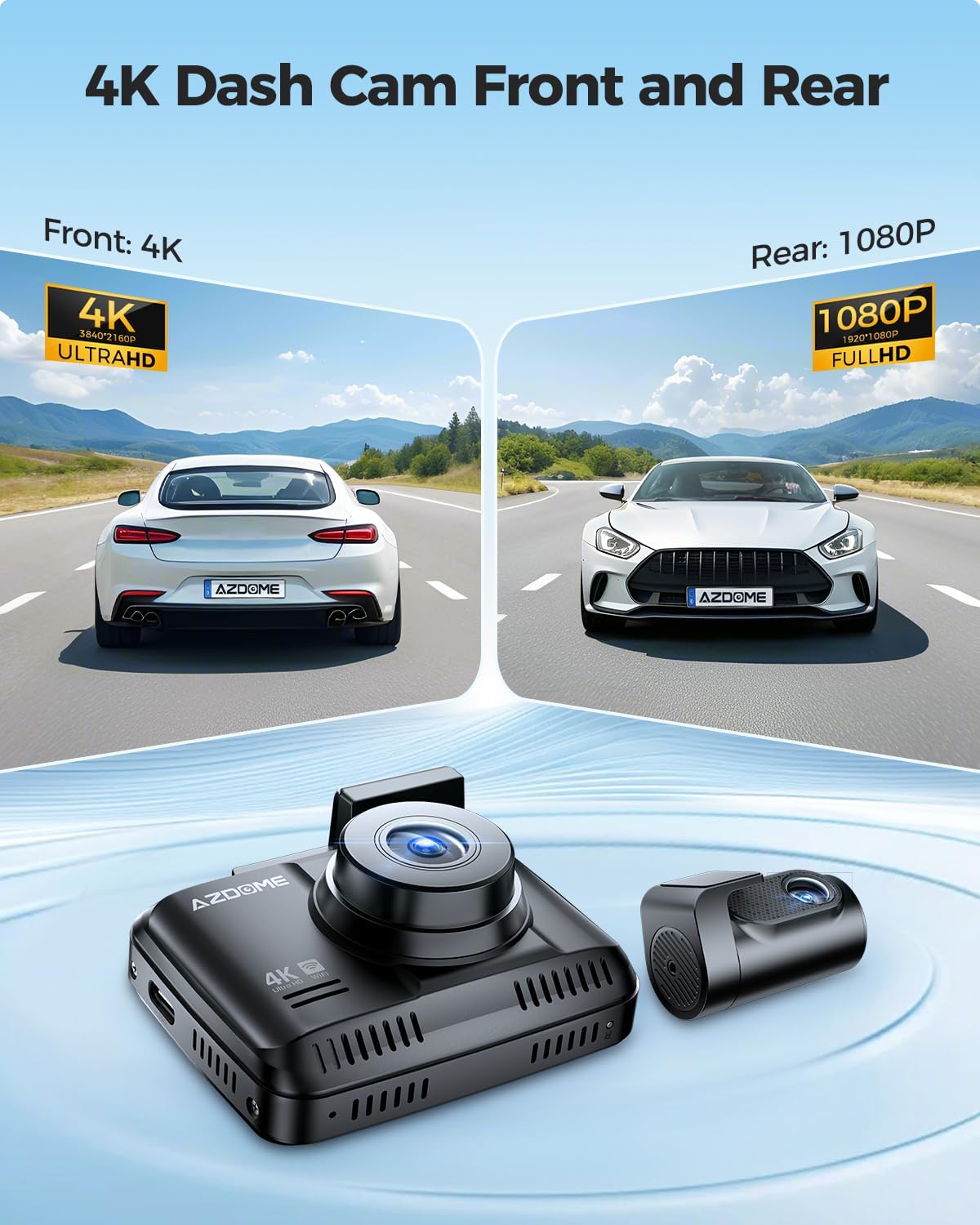 AZDOME 4K Dash Cam Front and Rear, 2160P Car Camera for Car, 64GB Card Included, WiFi Dash Cam with GPS and Speed, 2.4" Screen Dashcam with WDR Night Vision Motion Detection 24H Parking Mode GS63H Pro