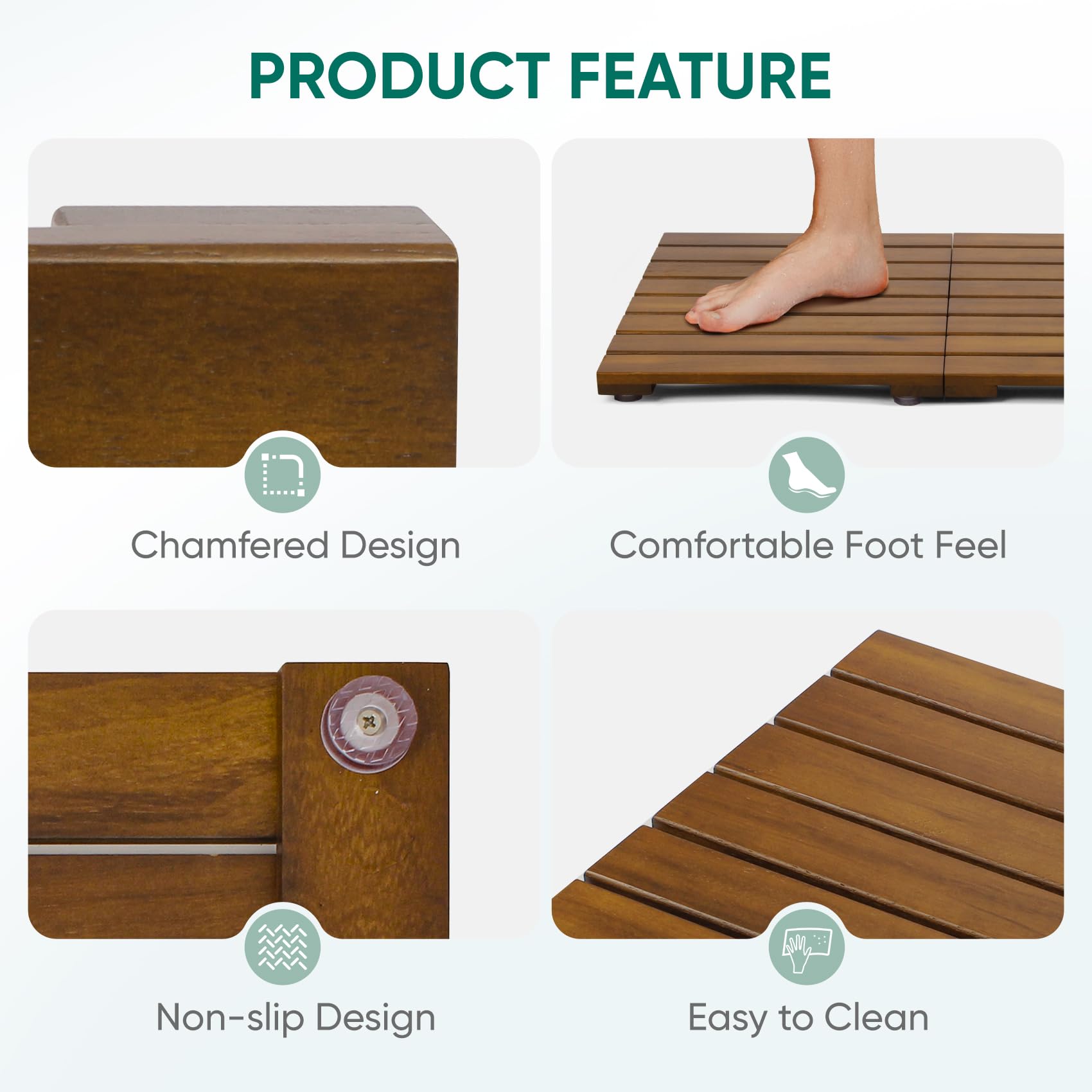 Smuxee Foldable Teak Wood Bath Mat, 23.2" x 16.2'' Shower Mat with Non-Slip, Wooden Floor Mat for Bathroom, Pool and Sauna