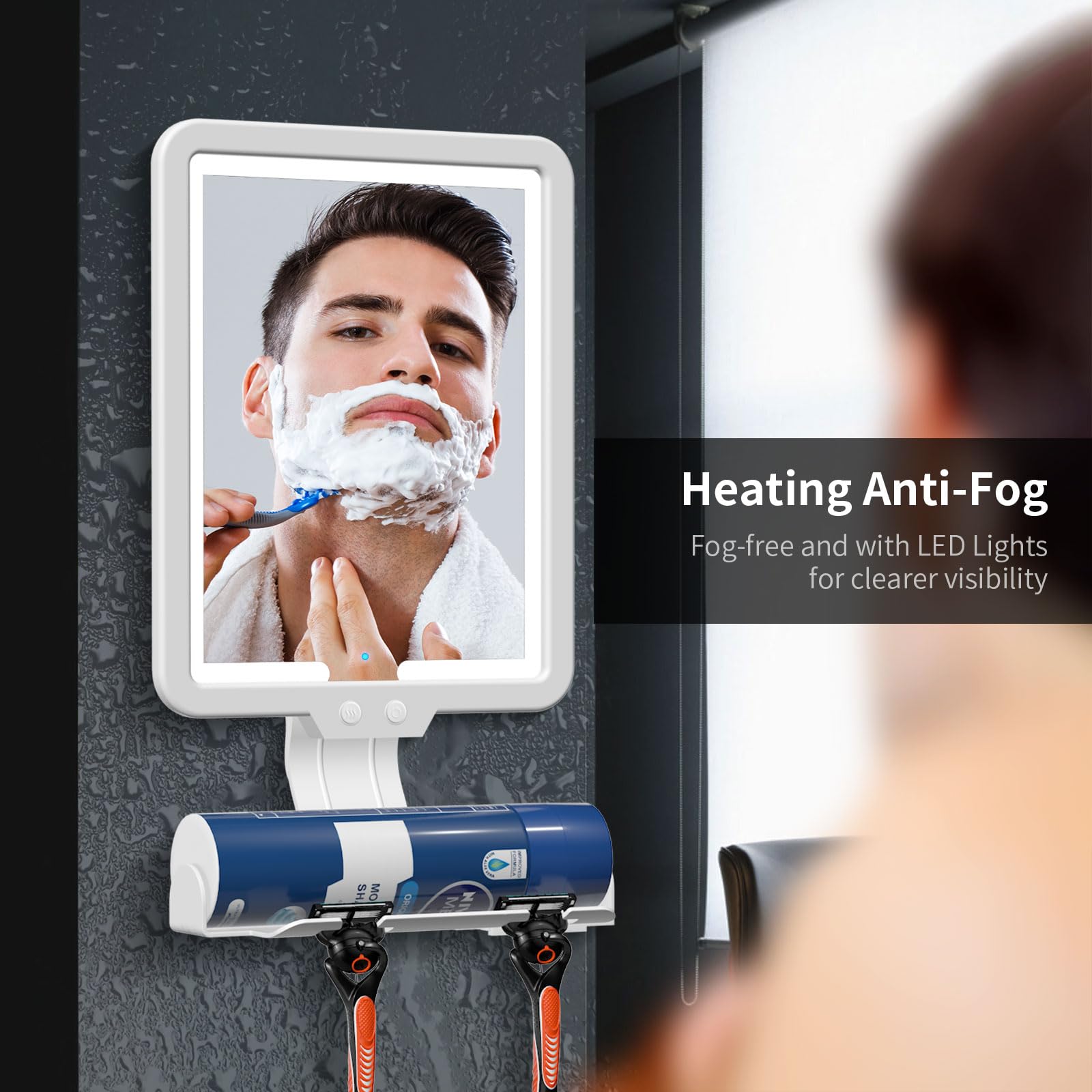 Lighted Shower Mirror Fogless for Shaving, Heated Fog Free Large 9.5*7inch 3 Color Modes Dimming Shower Shaving Mirror with Light, Rechargeable Anti-Fog Shower Mirror with Storage Tray & Razor Holders