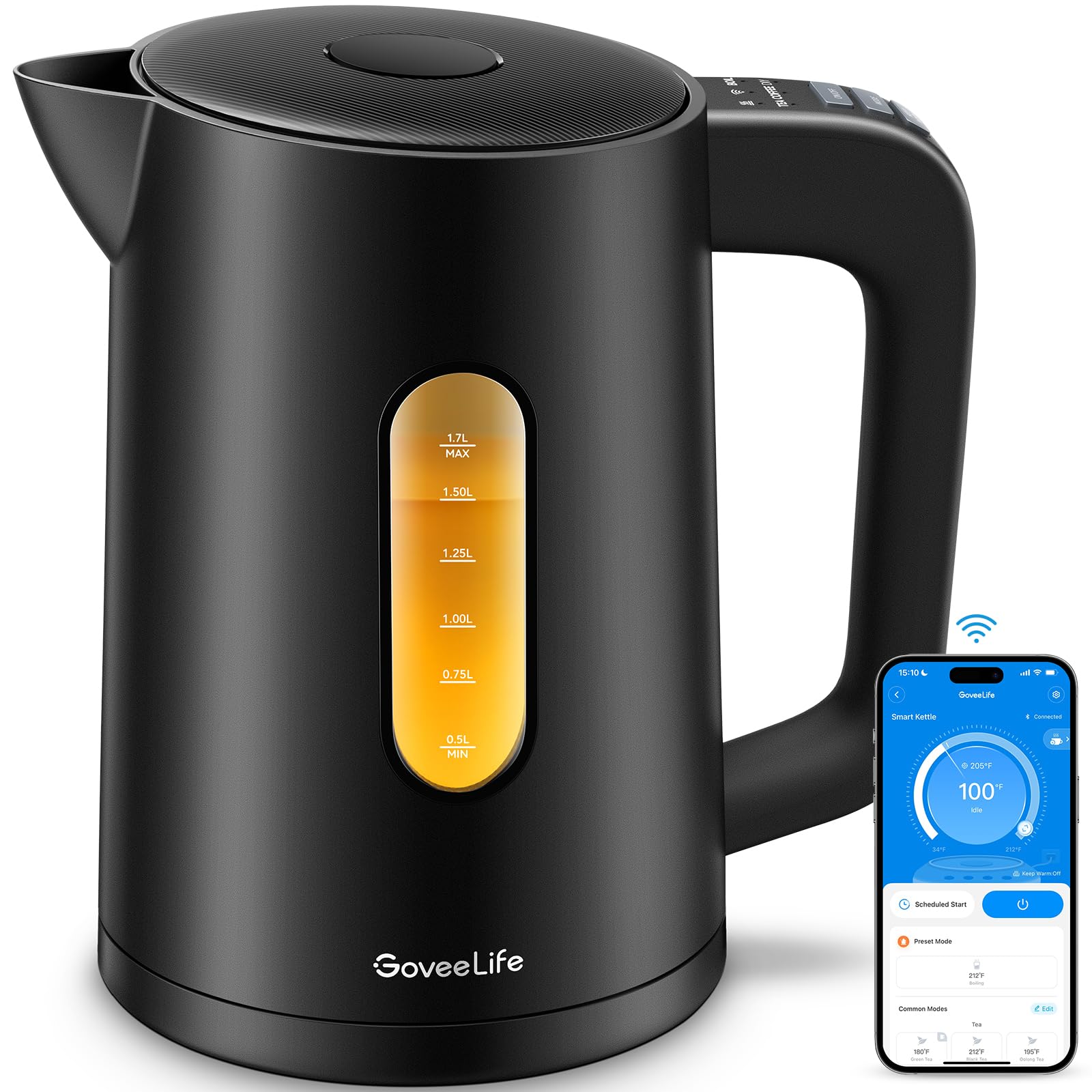 GoveeLife Smart Electric Kettle Temperature Control 1.7L, WiFi Electric Tea Kettle with LED Indicator Lights, 1500W Rapid Boil, 2H Keep Warm, BPA Free, 4 Presets Hot Water Boiler for Tea, Coffee