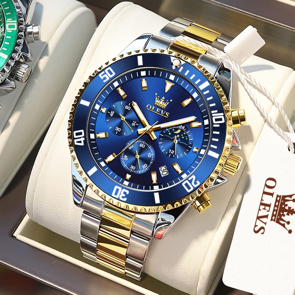 OLEVS Mens Watches Blue Chronograph Luxury Dress Moon Phase Quartz Stainless Steel Waterproof Luminous Business Calendar Wrist Watch