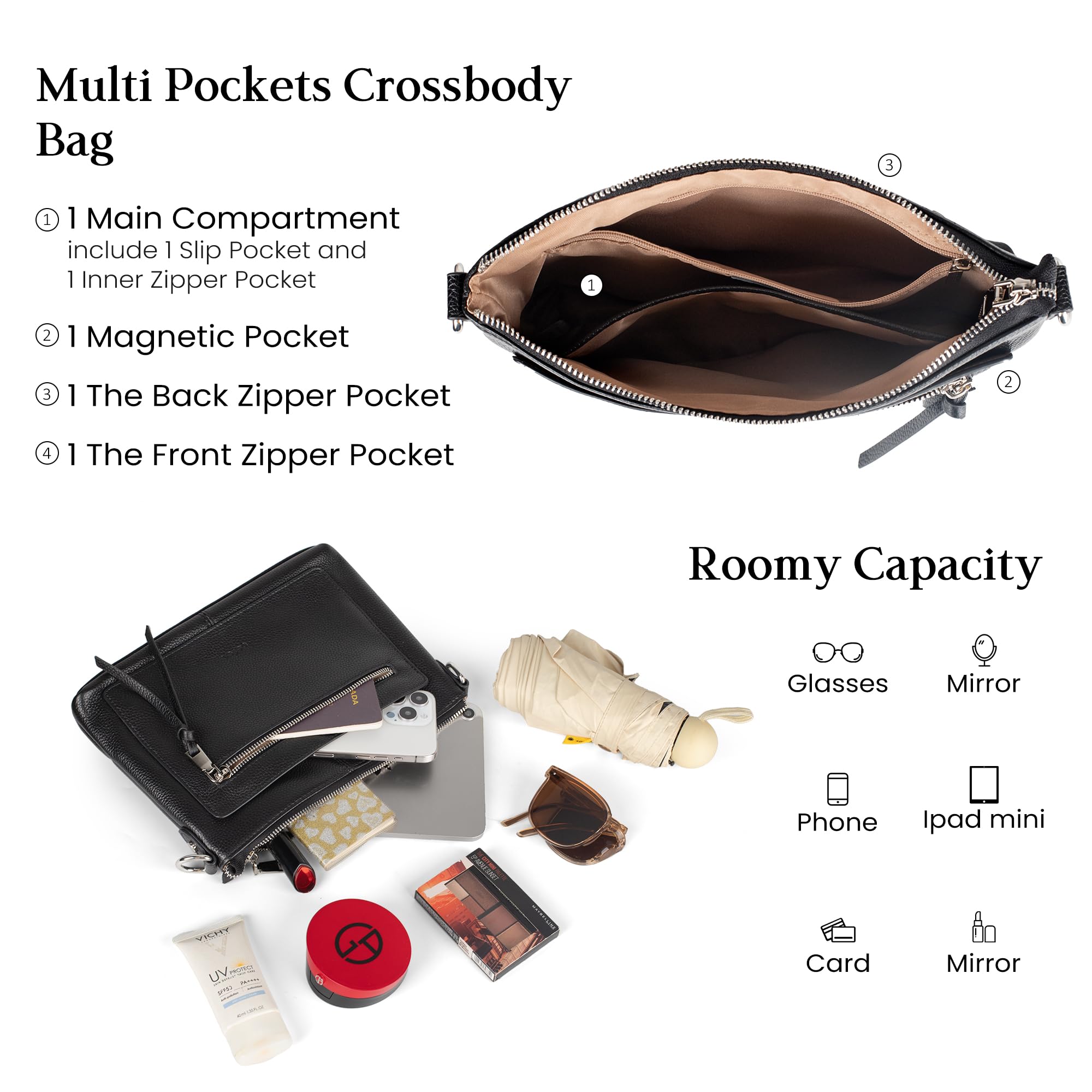 befen Genuine Leather Crossbody Bags for Women, Small Soft Leather Shoulder Bag Purse, Women's Cross body, Black Crossover Body Handbags with Adjustable Wide Guitar Strap