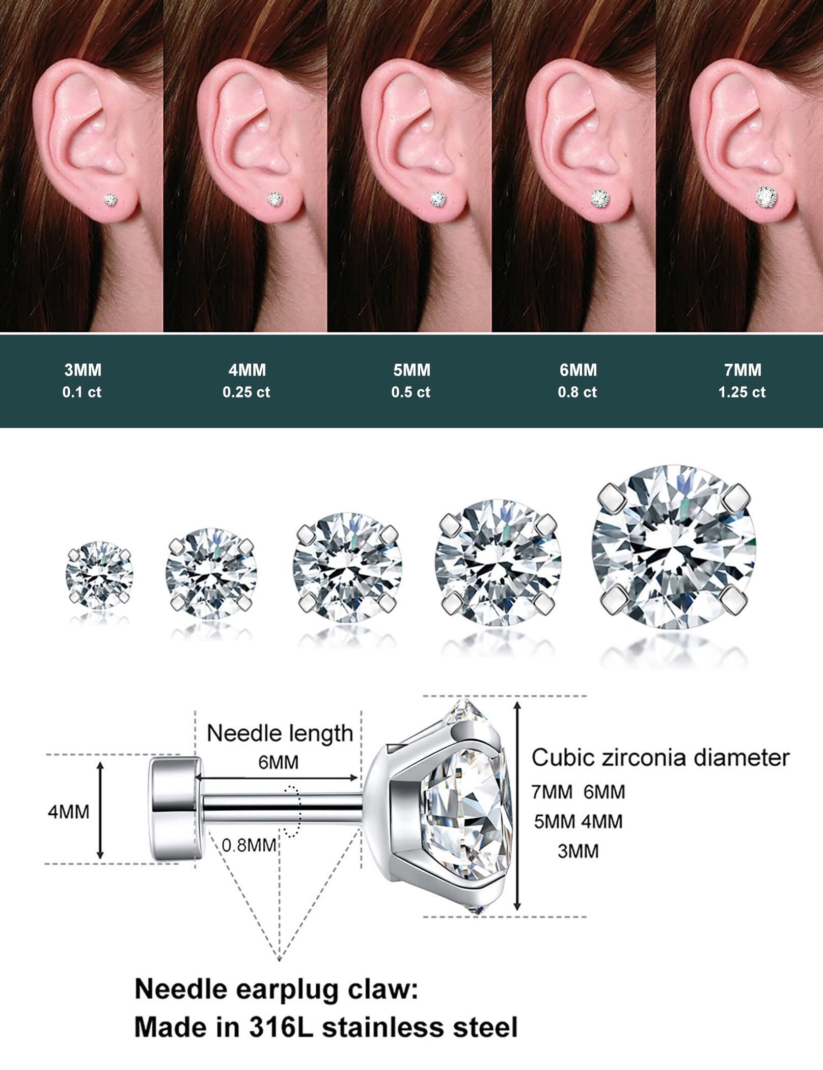 Cubic Zirconia Hypoallergenic Stud Earrings for Women Men Girls Statement Cartilage Fashion Surgical Steel Helix Earrings 5 Pairs