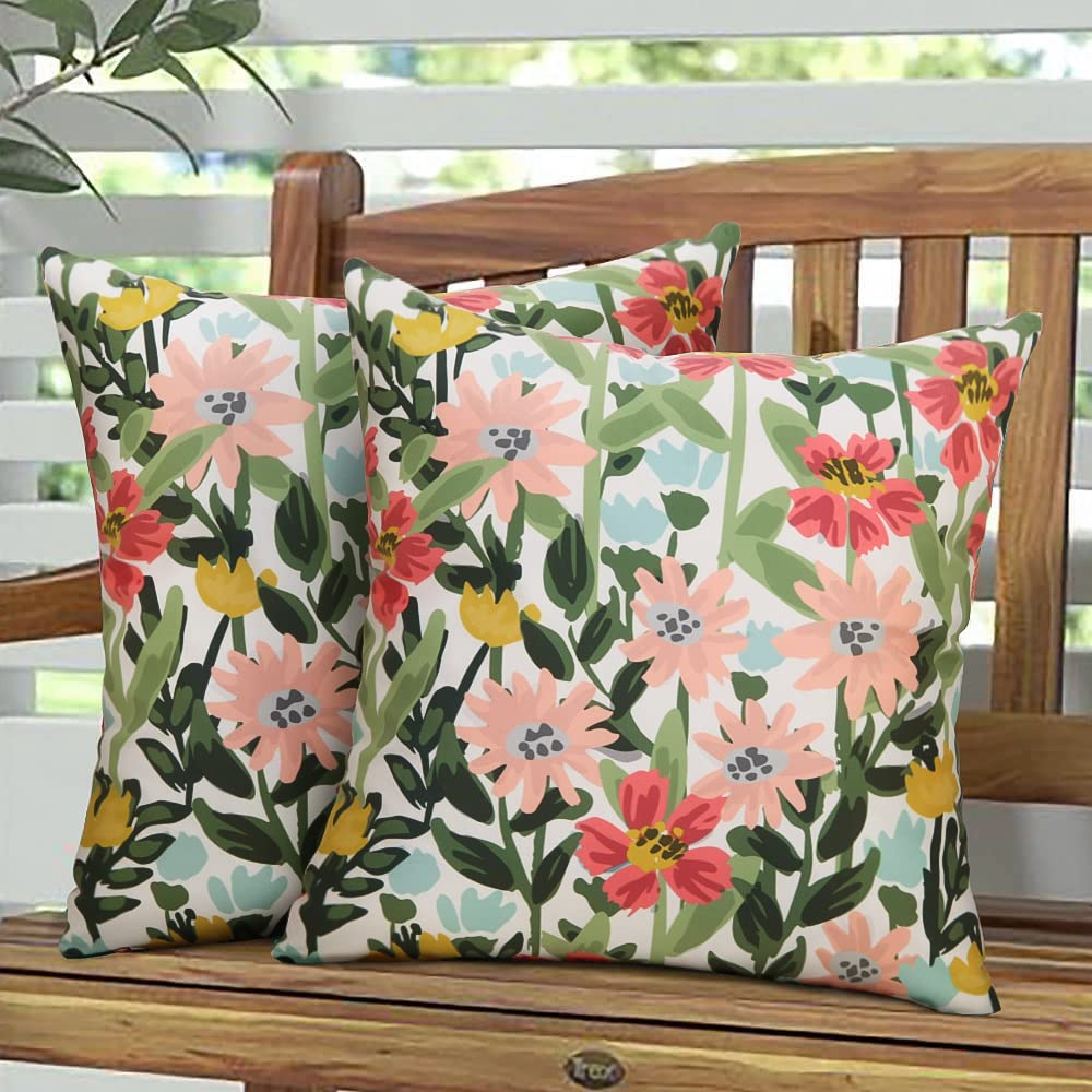 Pyonic Outdoor Pillows Cover Pack of 2 Floral Waterproof Throw Pillow Covers 18X18 inch Outdoor Pillows for Patio Furniture Garden Square Outdoor Waterproof Throw Pillows