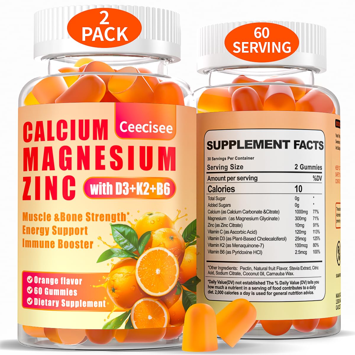 Calcium Magnesium Zinc Gummies with D3 &B6 &K2,1000mg Calcium Gummies with 300mg Magnesium Support Immune Energy for Adults and Teens,Sugar Free(120Count)