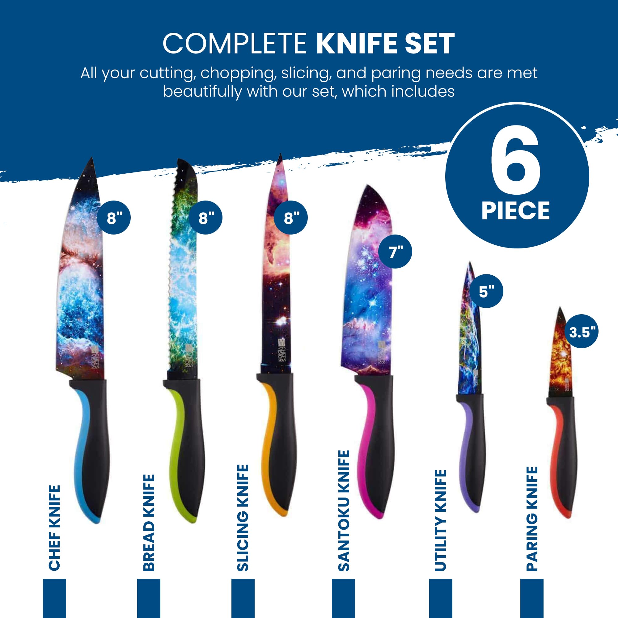 CHEF'S VISION Cosmos Knife Set - 6-Piece Stainless Steel Cutting Knives Set for Kitchen with Vibrant Cosmos Design - Great House Warming Gift for Women or Men - Unique Kitchen Knife Set Gift