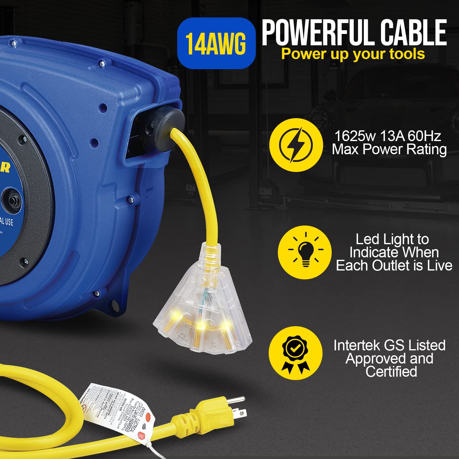 GOODYEAR Extension Cord Reel Extra Long 40 ft 14AWG 3C SJTOW, Triple Tap Connector, Heavy Duty, Slow Retraction Stop At Any Point
