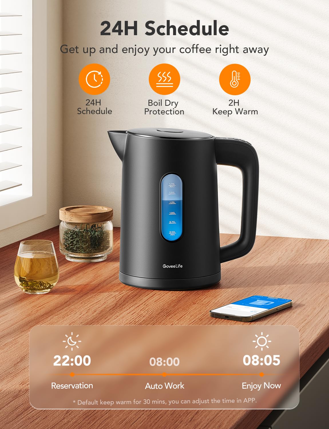 GoveeLife Smart Electric Kettle Temperature Control 1.7L, WiFi Electric Tea Kettle with LED Indicator Lights, 1500W Rapid Boil, 2H Keep Warm, BPA Free, 4 Presets Hot Water Boiler for Tea, Coffee