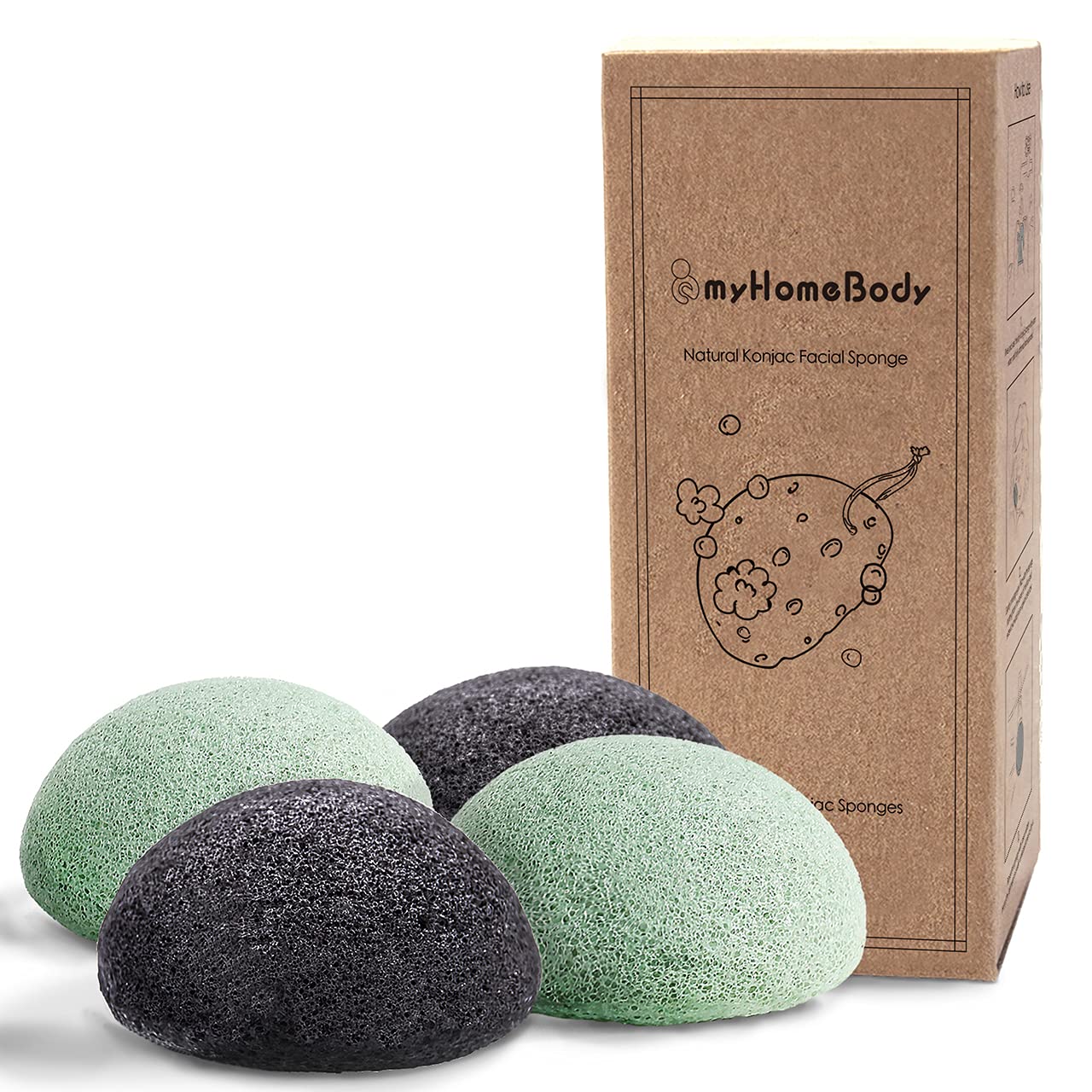 myHomeBody Natural Konjac Facial Sponges - for Gentle Face Cleansing and Exfoliation - with Activated Charcoal and Aloe Vera, 4pc. Set