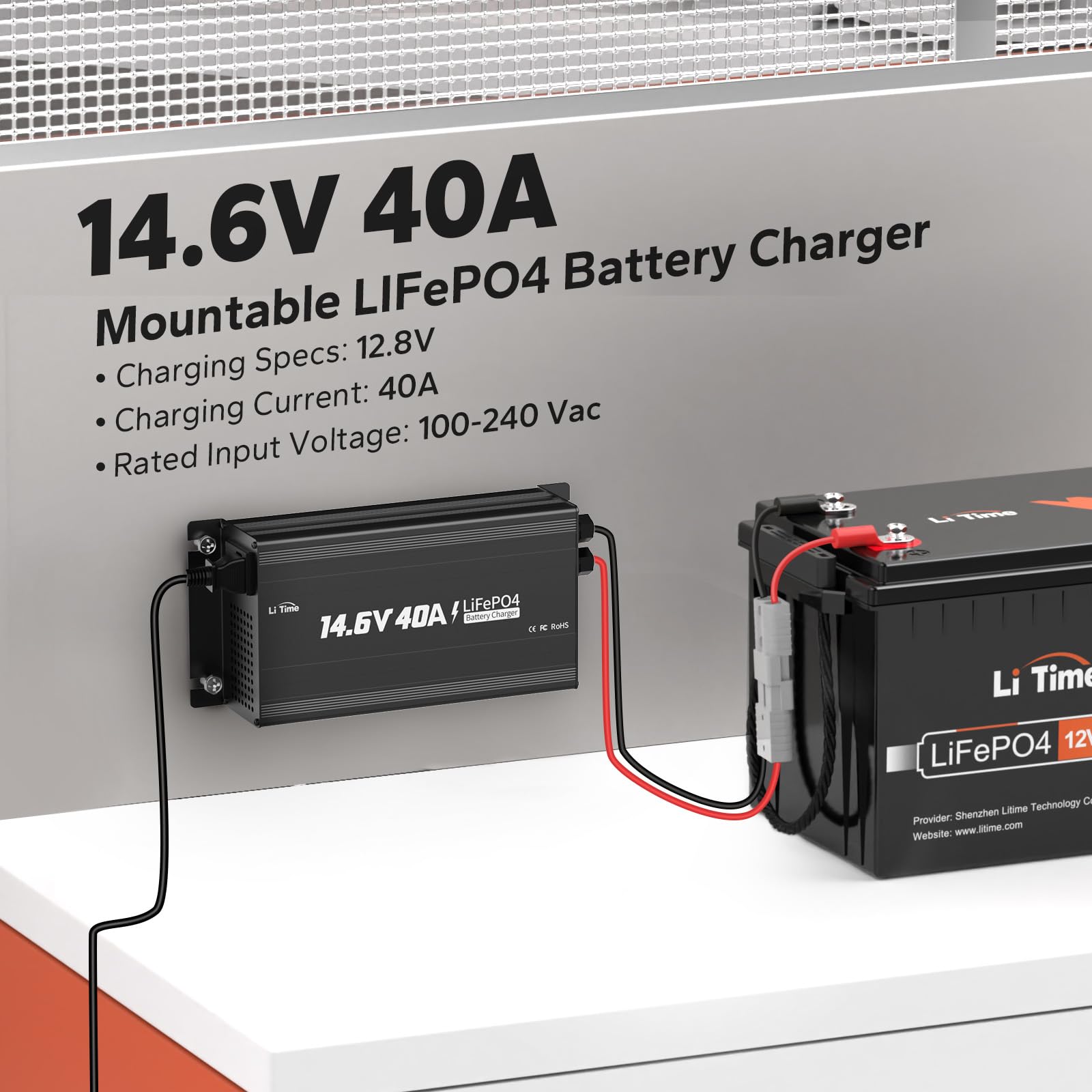 LiTime 14.6V 40A Lithium Battery Charger Mountable for 12V LiFePO4 Lithium Battery with LED Indicator and ON/Off Switch, AC-DC Smart Charger for 12.8V LiFePO4 Lithium Batteries, 40A Fast Charging