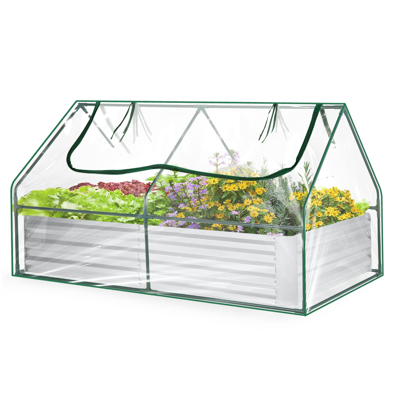 Homdox 6x3x1Ft Extra-Thick Galvanized Steel Raised Garden Bed with Cover Metal Planter Box Kit, Mini Greenhouses for Outdoors, with Greenhouse 2 Large Zipper Windows Dual Use(Clear)