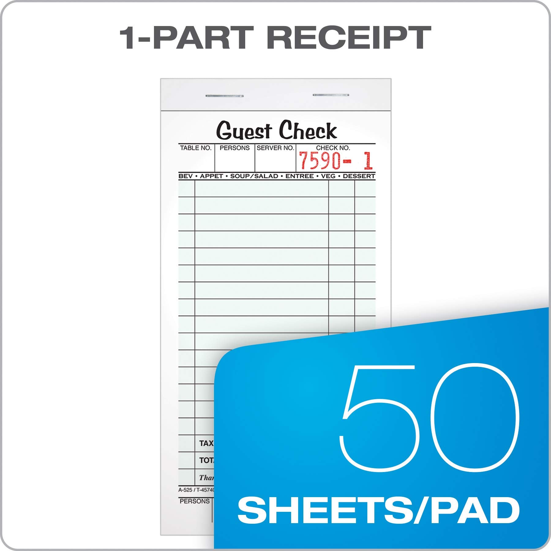 Adams Guest Check Pads, Single Part, Perforated, White, 3-2/5" x 6-3/4 ", 50 Sheets/Pad, 5 Pads/Pack (525SWMT)