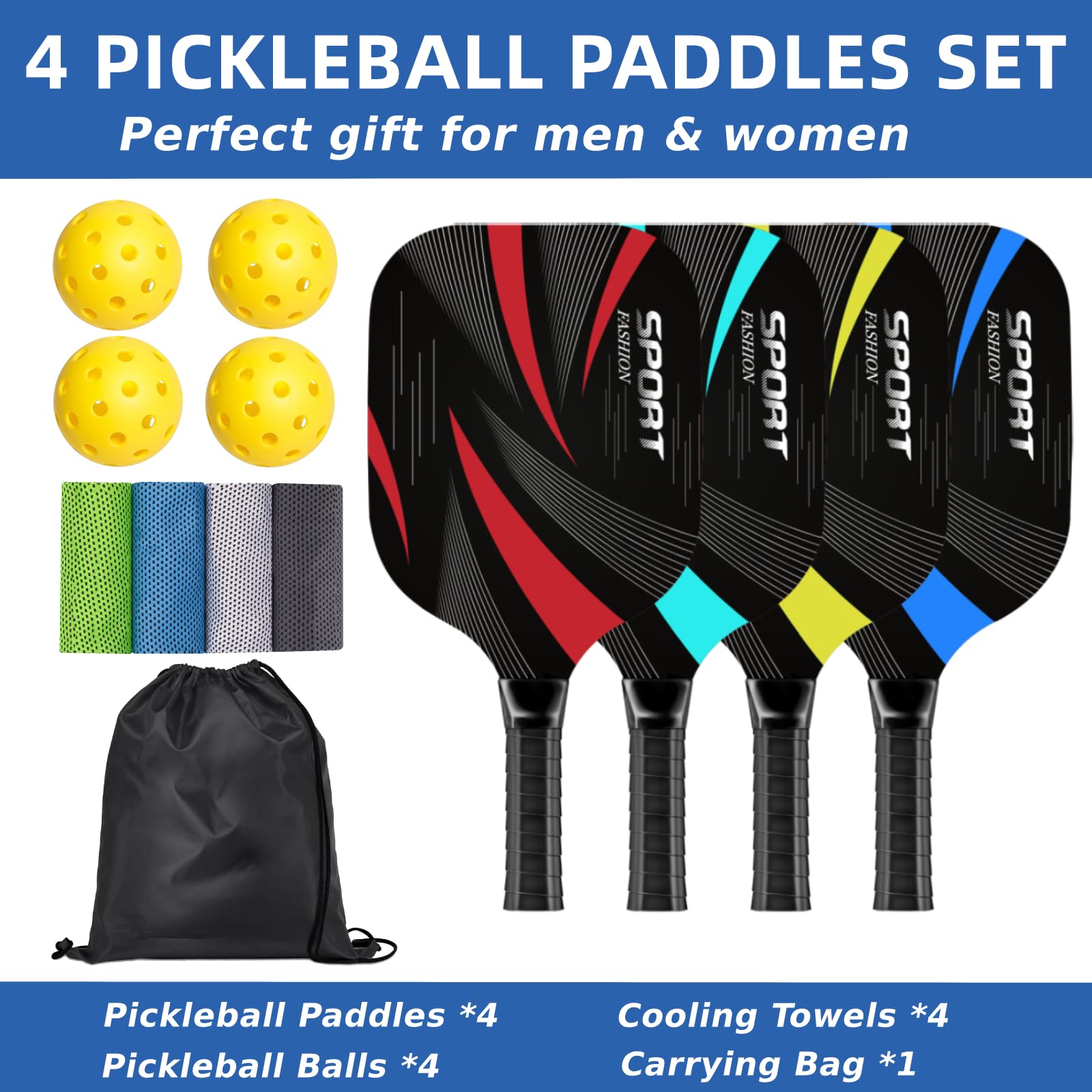 Tiyutsd Pickleball Paddles, Pickleball Set of 4 Premium Wooden Pickleball Paddles, 4 Cooling Towels, 4 Pickleball Balls & Carry Bag, Pickleball Paddles Set of 4, Ergonomic Cushion Grip