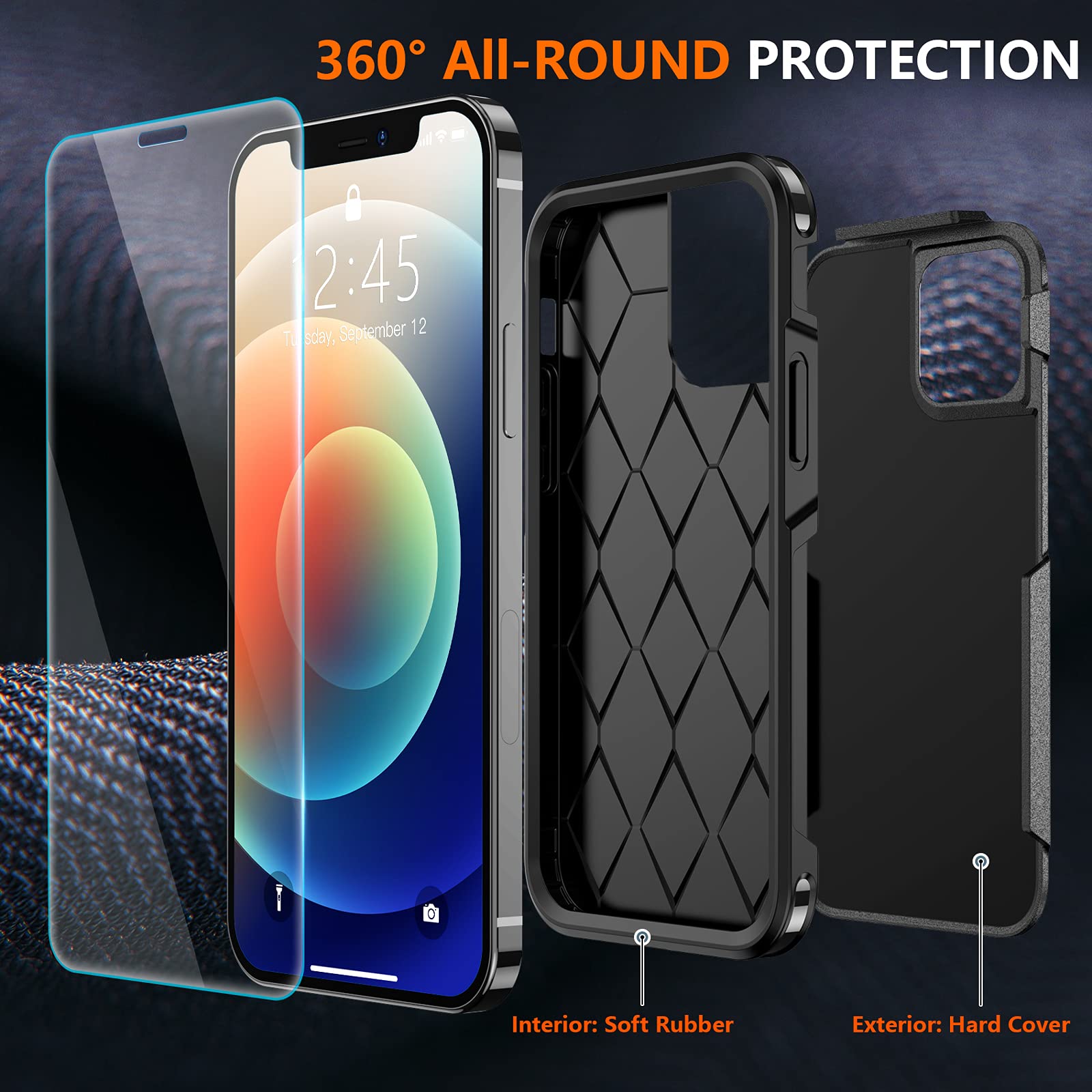 SPIDERCASE Designed for iPhone 12 Case/iPhone 12 Pro Case, [10 FT Military Grade Drop Protection] [with 2 pcs Tempered Glass Screen Protector] Protective Cover for iPhone 12/12 Pro (Black)