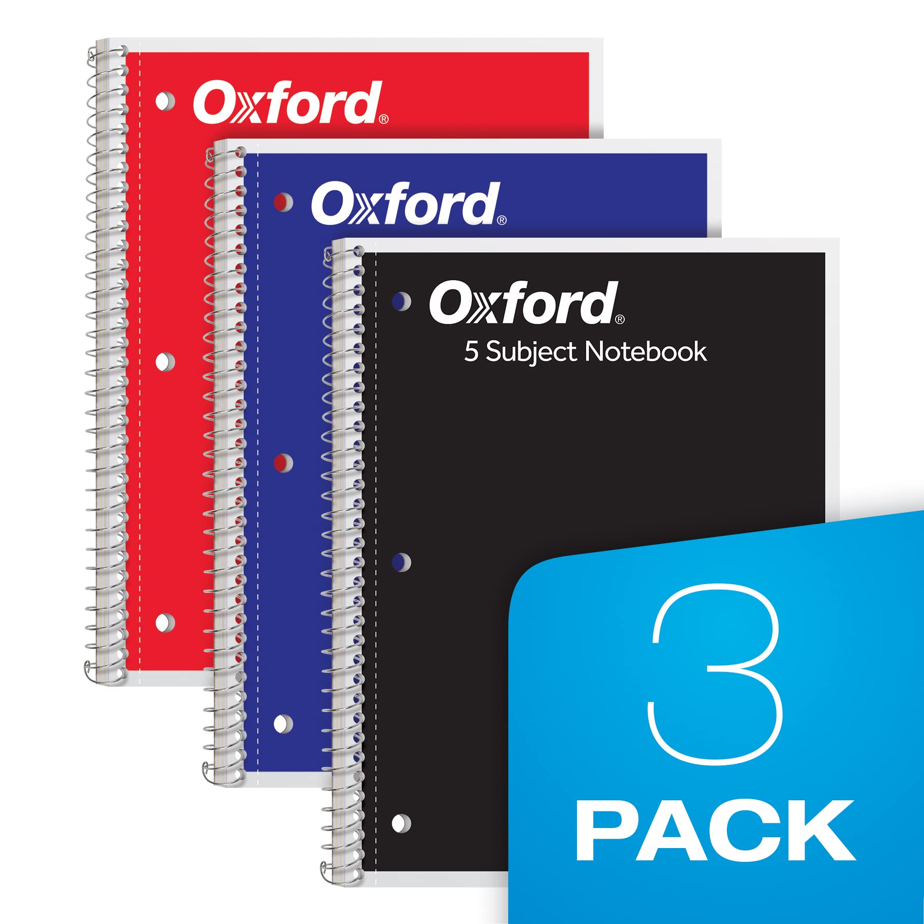 Oxford Spiral Notebook 3 Pack, 5 Subject Writing Journal, 3-Hole Punch, College Ruled Paper, 4 Dividers, 8 x 10-1/2 Inch, Black, Red, Blue, 180 Sheets (65203)