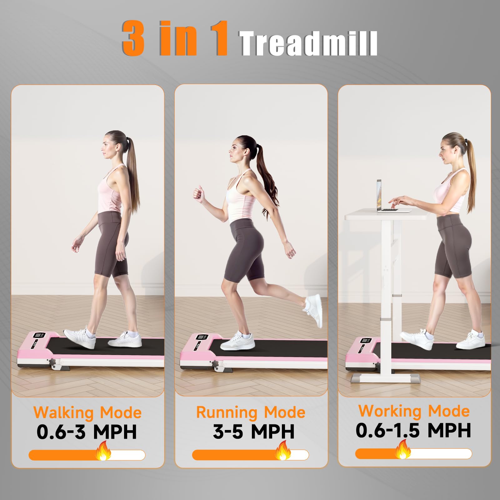 Incline Walking Pad with Handle Bar, Foldable Portable Under Desk Treadmill for Home Office, Ultra Quiet <45dB, Safety Lock, 300+ LB Capacity, Pink