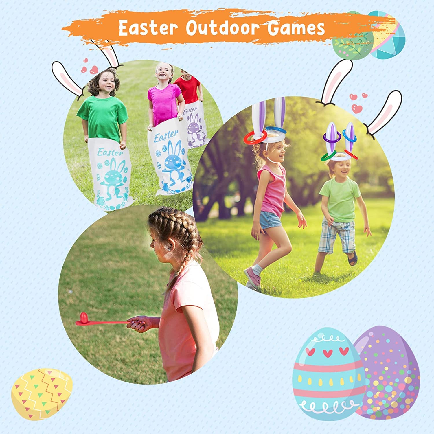 4 Players Easter Outdoor Party Games for Kids and Family - Potato Sack Race Jumping Bags, Legged Relay Race Bands, Egg and Spoon Race and Inflatable Bunny Ring Toss Games - Easter Party Supplies