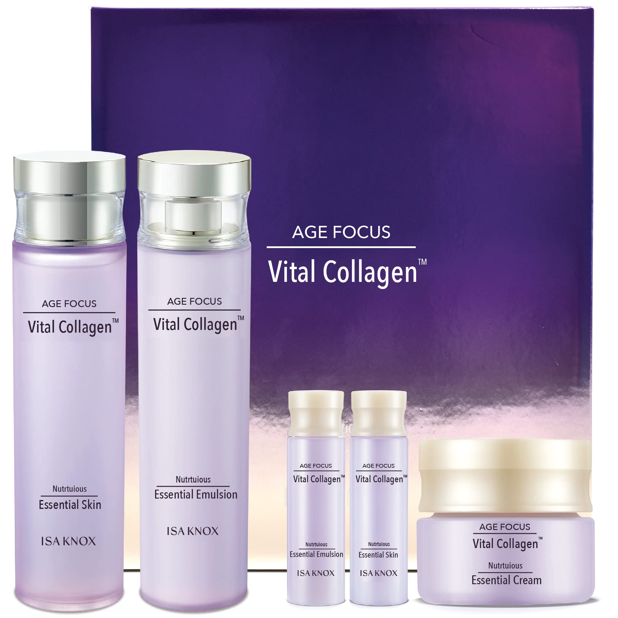 ISA KNOX AGE FOCUS VITAL COLLAGEN SKINCARE GIFT SET - Korean Luxury Premium High-end Skin Toner, Emulsion Lotion, Cream, Hydrolyzed Collagen, Vitamin B12, E, C, (370ml / 12.51 Fl Oz)