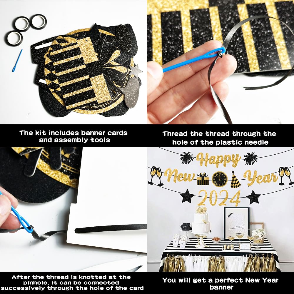 Gold Black New Years Decorations 2025 Glitter Happy New Year Banner New Years Eve Party Supplies New Years Eve Decorations Happy New Year Sign For New Year Party Decorations