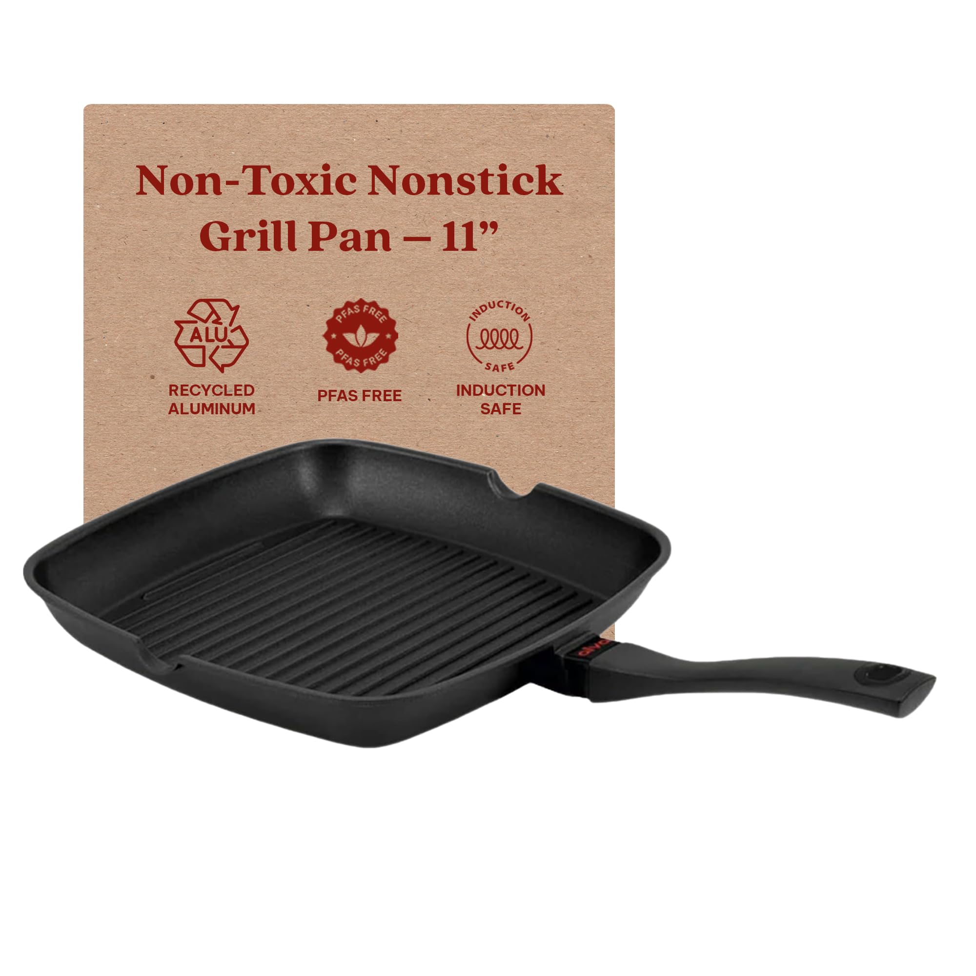 Alva Energy 11 Inch Ceramic Coated Cast Aluminum Grill Pan Nonstick Easy Clean Even Heating with Grill Marks Fat Drainage Lightweight Sturdy Indoor Oven Induction Cooking Stay Cool Balanced Handles