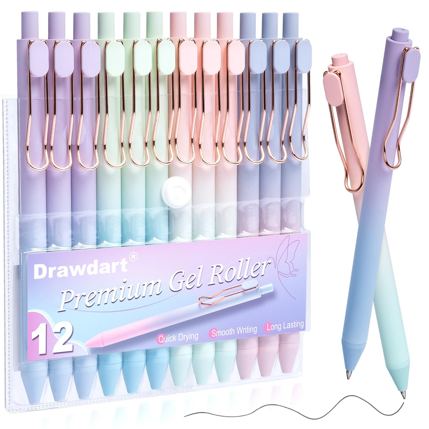 Drawdart Gel Pens, 12 Pcs Smooth Writing Pens No Bleed & Smear, Black Ink Cute Pens Fine Point (0.5mm), Retractable Aesthetic Journaling Pens School Office Supplies for Women & Men