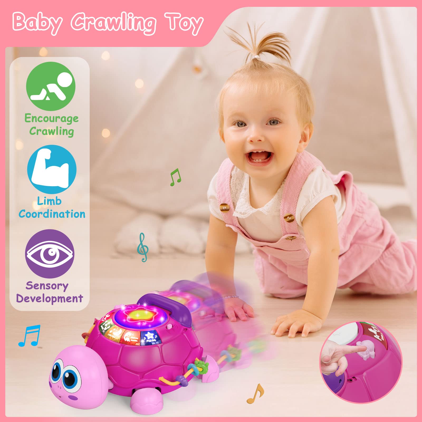 Hanayo Baby Musical Turtle Crawling Baby Girl Toys for 6-18 Months，Infant Early Learning Educational Toy，Baby Girl Gift Essentials for Newborn 7 8 9 11+ Months 1-2 Year Old(Pink)