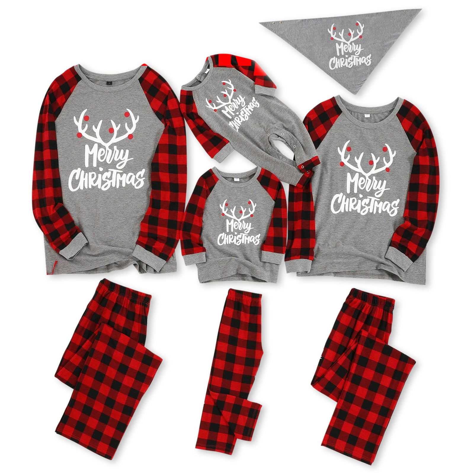 IFFEI Matching Family Pajamas Sets Christmas PJ's with Letter Pet Bandana Grey