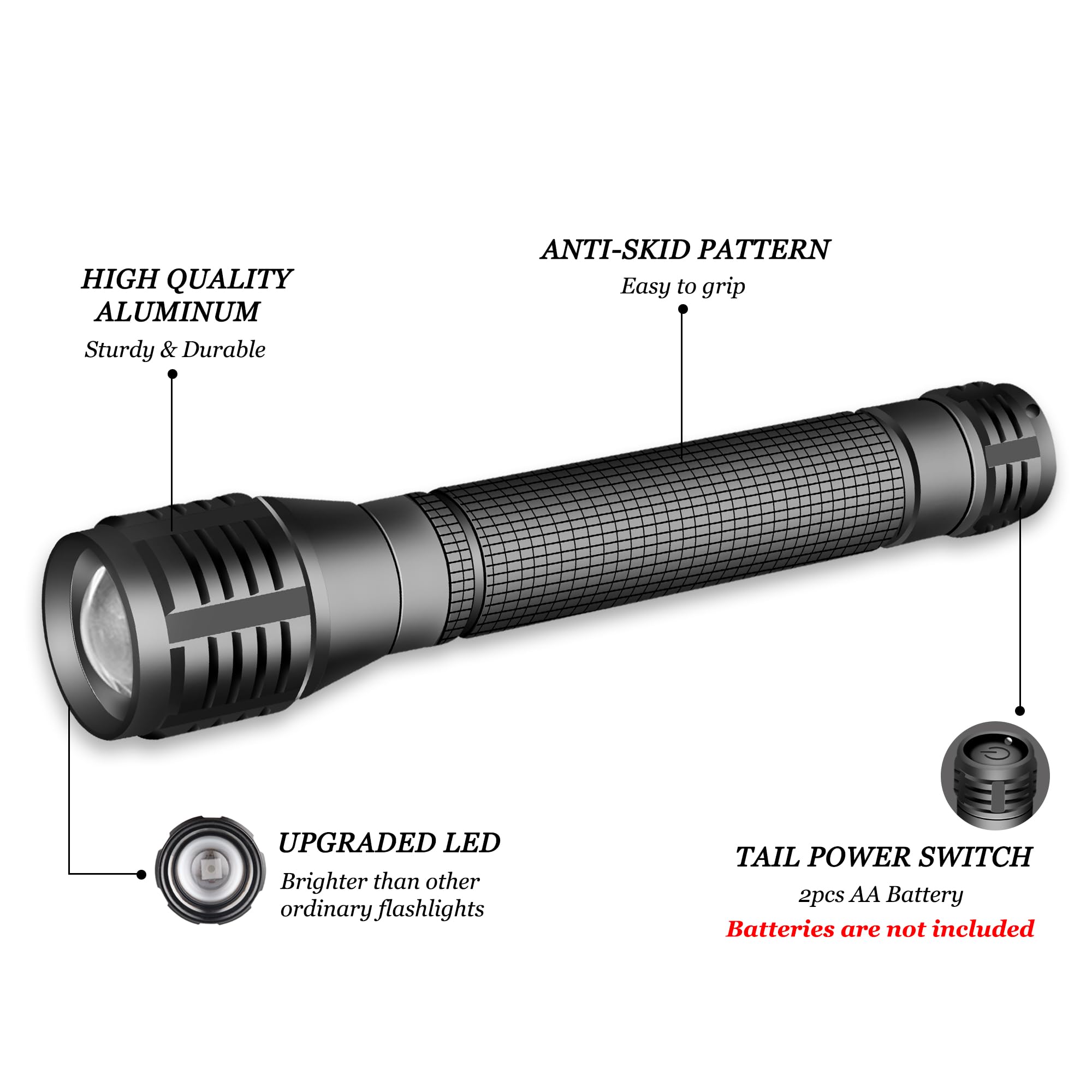 AuKvi LED 2000 Lumens 3 Modes Adjustable Focus 2-Cell AA Flashlight,2-Pack