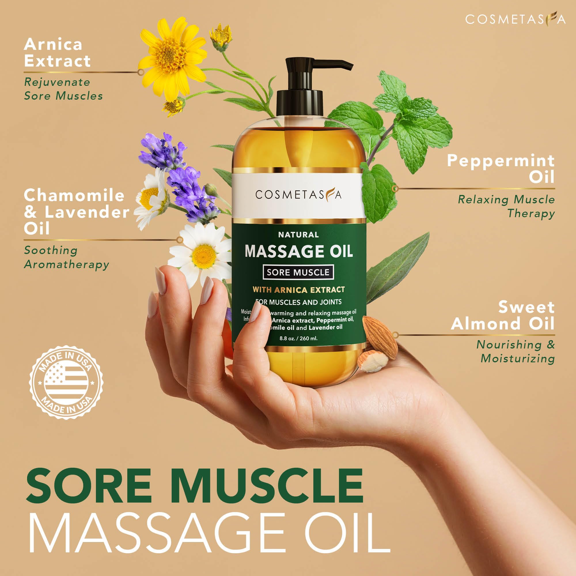 Cosmetasa Massage Oil for Sore Muscles with Roller Ball - Soothes Joints & Muscles with Arnica, Lavender Oil, Peppermint Oil & Chamomile Extract, Perfect Stocking Stuffers