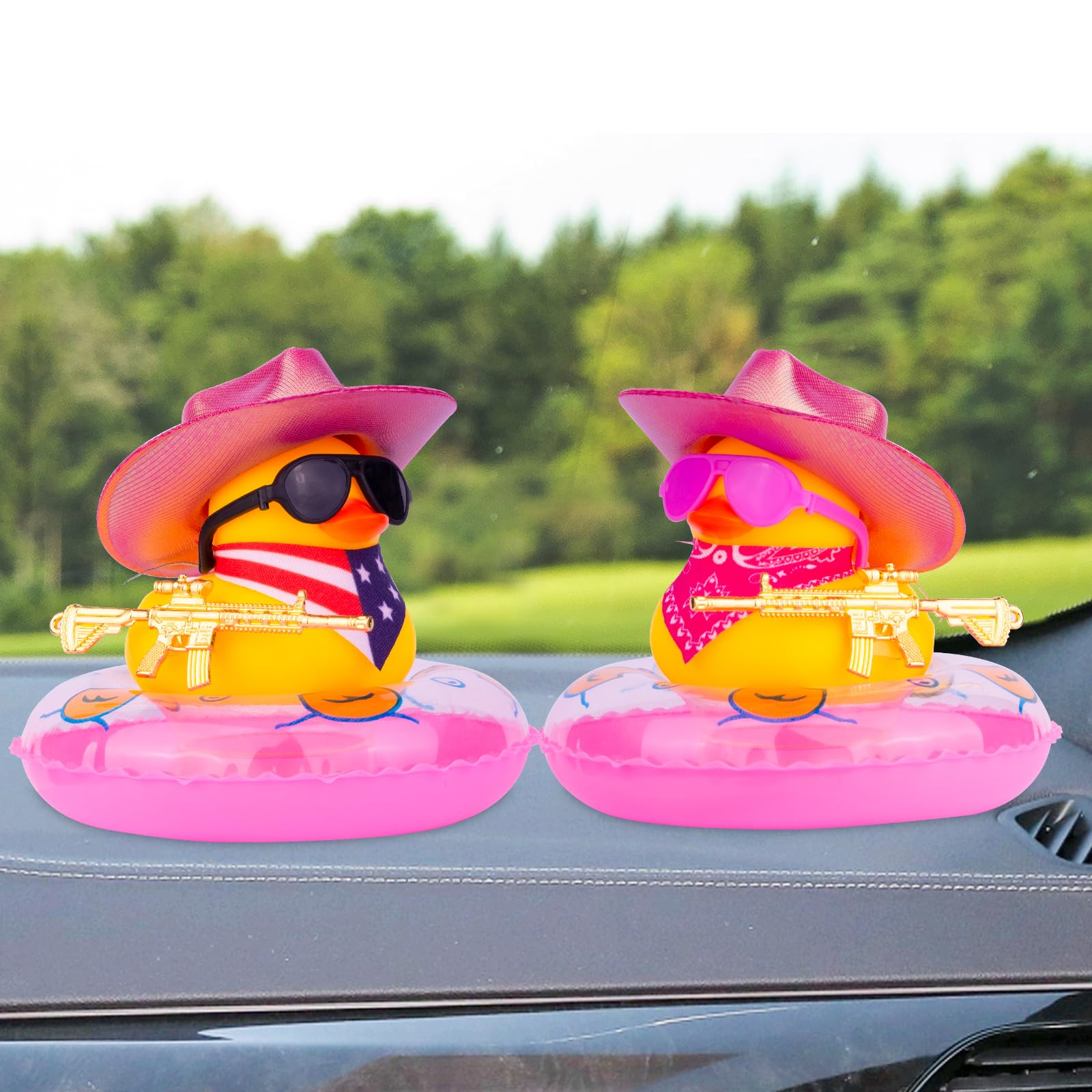 MuMyer Rubber Ducks for Cars Dashboard, Cowboy Duck Car Dashboard Decorations Accessories with Mini Holographic Cowboy Hat Swim Ring Scarf Sunglasses and Special Prop(Rose&US)