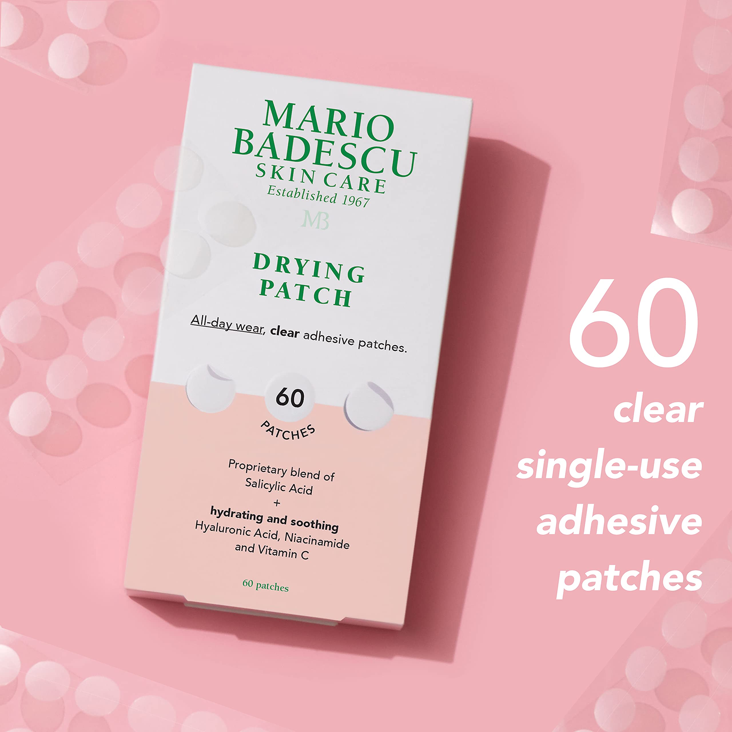 Mario Badescu Drying Patch Blemish Covering, Invisible Spot Treatment, Absorbing All Day Polymer Adhesion with Vitamin C, Vegan & Cruelty Free, Strong Hold (60 Patches, 12mm), Clear