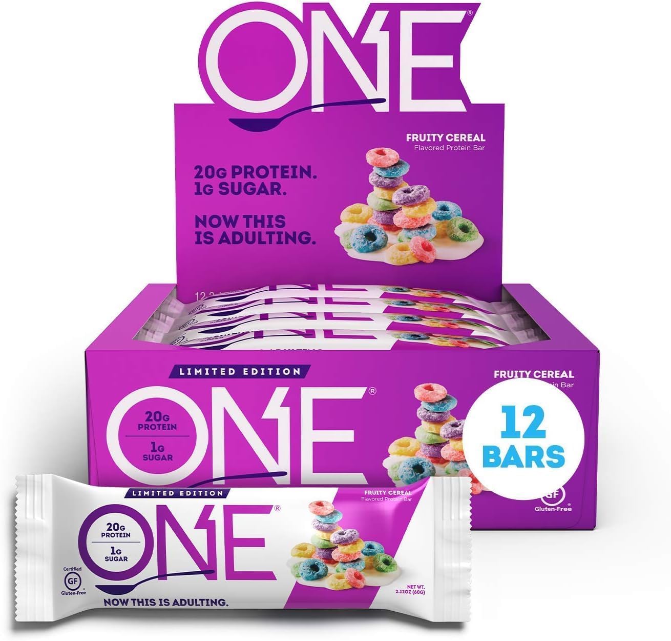 ONE Protein Bars, Fruity Cereal, Gluten Free Protein Bars with 20g Protein and 1g Sugar, Pantry Staples, 2.12 oz (12 Count)