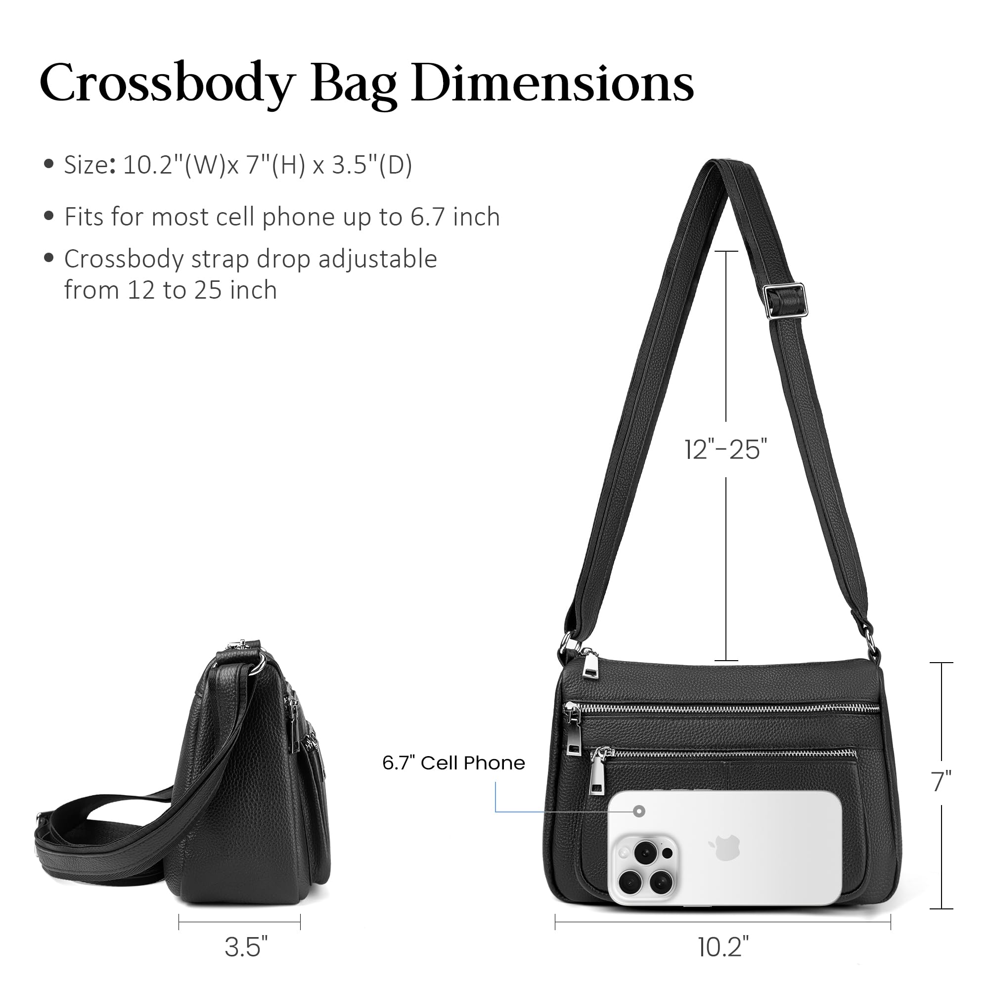 befen Black Genuine Leather Crossbody Bags for Women, Woman Medium Cross Body Shoulder Purses Handbags with Multi Zipper Pockets